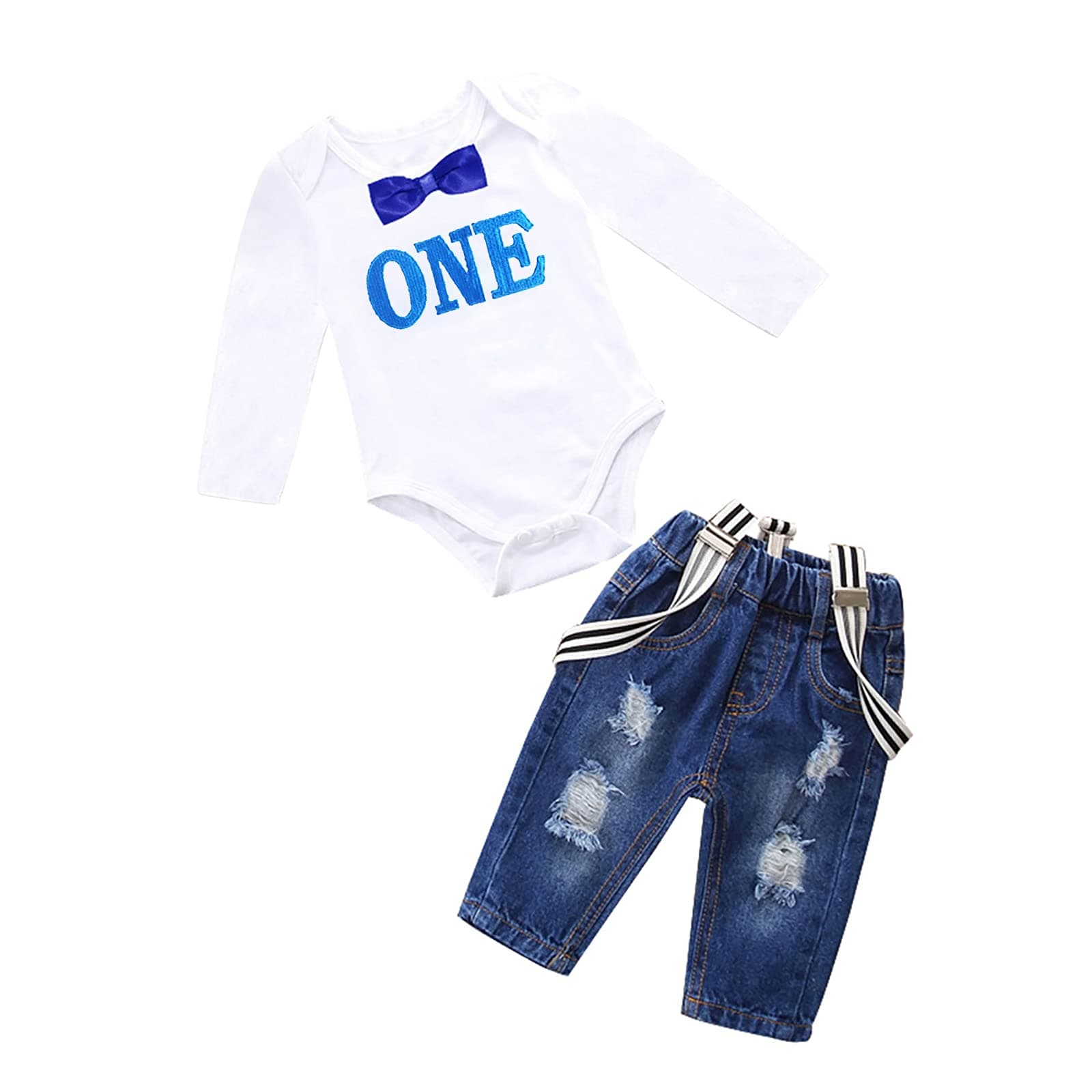 Toddler Baby Boy Birthday Clothes Set Bowtie Romper Suspenders Ripped Denim Pants Outfits