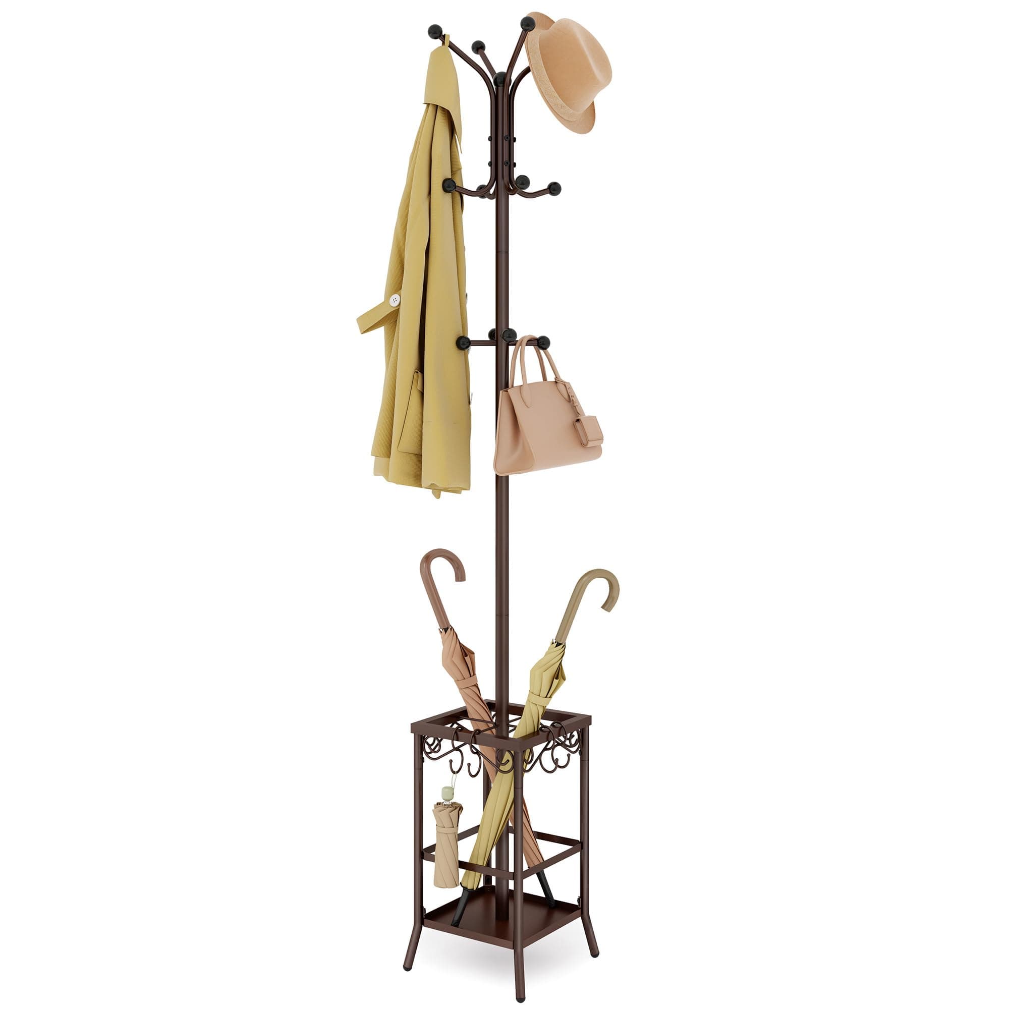 Hoctieon Coat Rack Freestanding,Entryway Coat Hanger Stand,Umbrella Holder,Hall Tree With 12 Hooks,Standing Coat Rack,Floor Standing Metal Umbrella Tree Stand, Brown