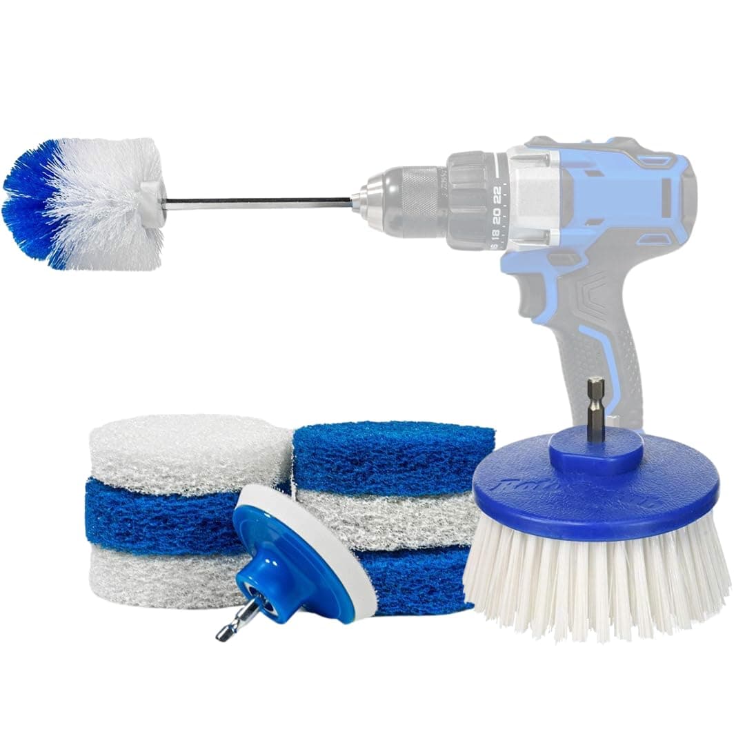 9 Pack Multi-Purpose Home Cleaning Accessory Drill Kit, Bathroom Scrub Pads, Extended Reach Round Brush Attachment Set