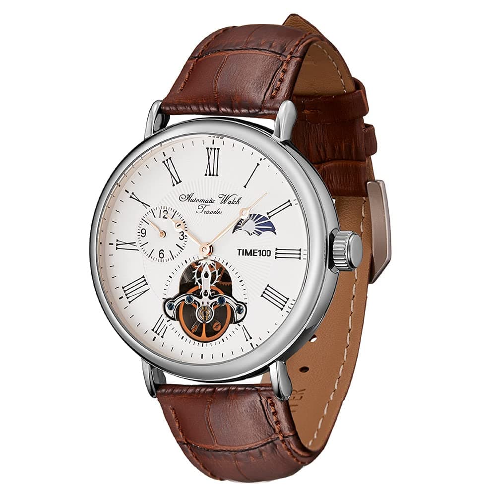Men's Automatic Watch Navigator-Series Tourbillon-Style Dual Time Zone Business Calendar Mechanical Watch Leather Strap