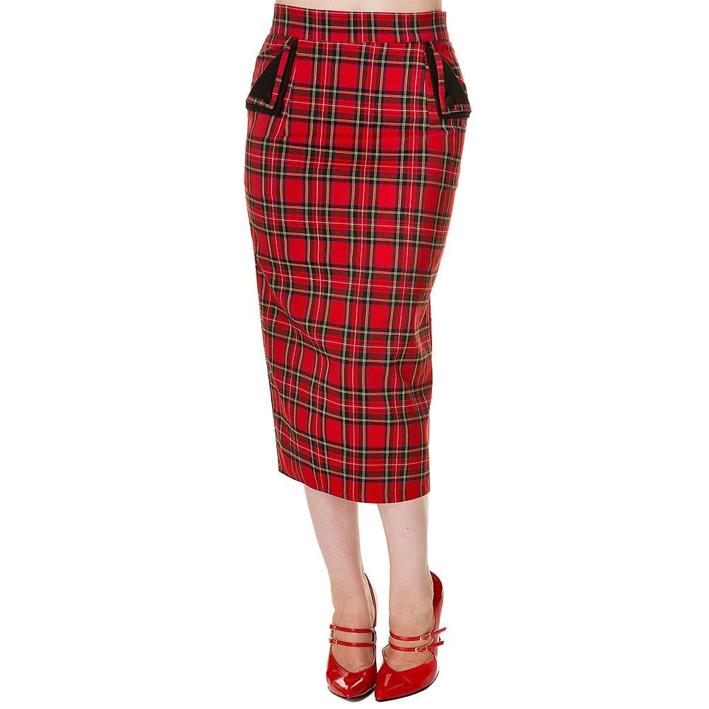 Banned 50's Vintage Style Tartan Pencil Wiggle Skirt Red - UK 8 (XS)