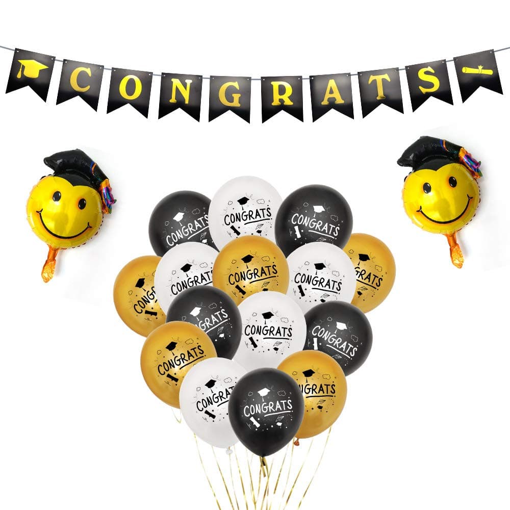 Losuya Graduation Party Decorations Congrats Banner Balloons Aluminum Film Smiley face Balloon Set Grad Party Favors
