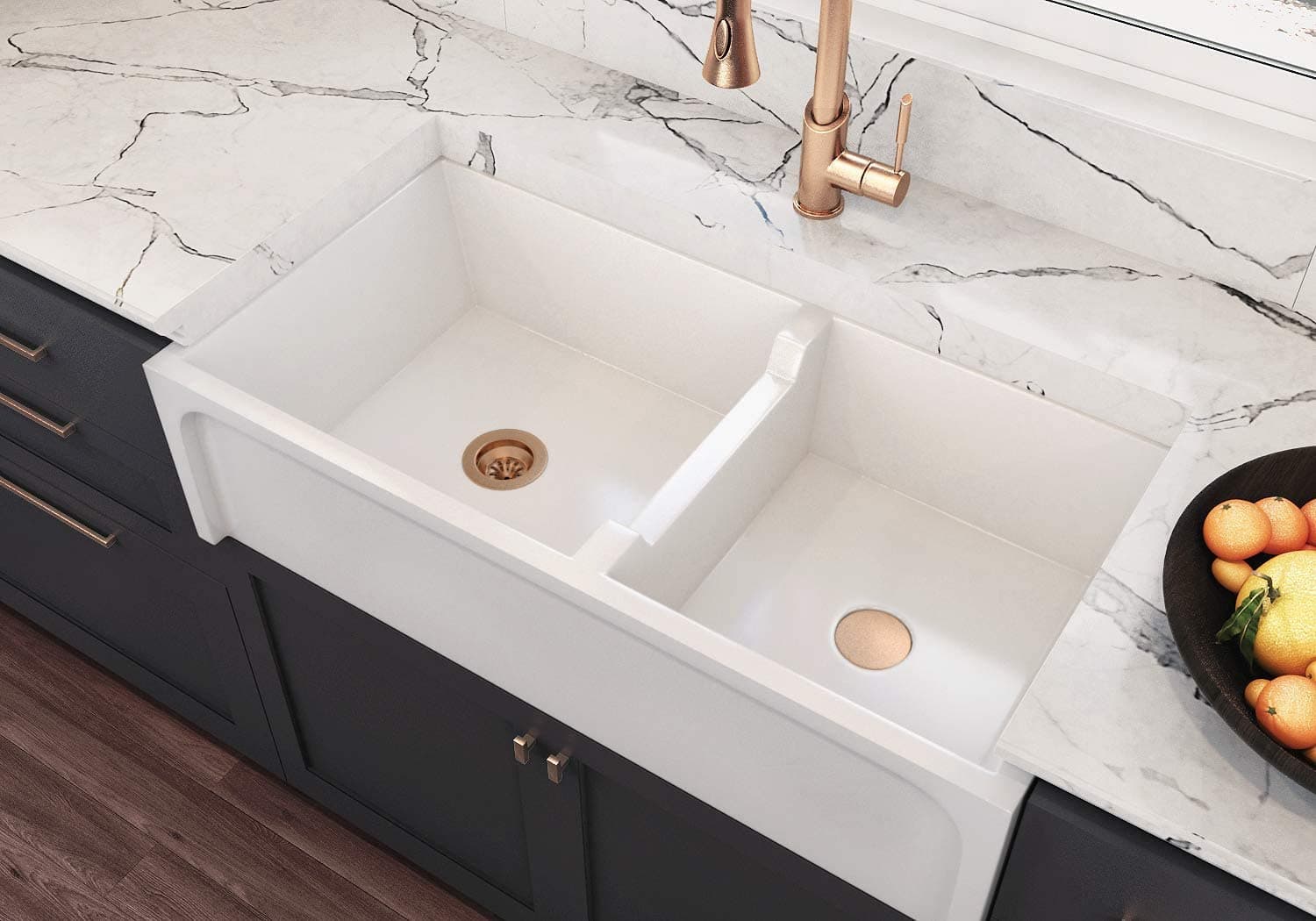 36" Venezia Fireclay Kitchen Sink, Reversible Double Bowl Farmhouse Sink White with Grid