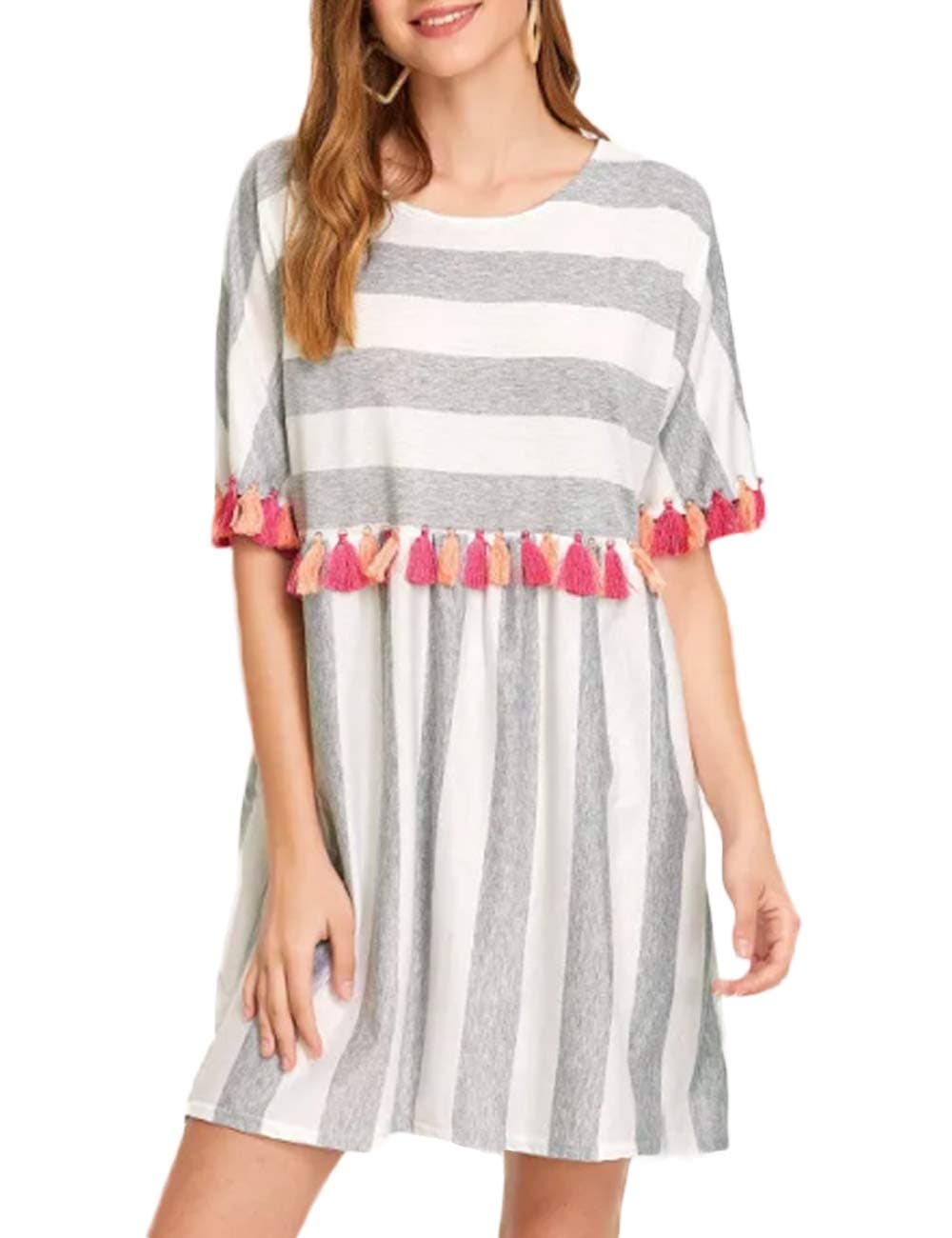 Womens Casual Loose Round Neck Short Sleeved Striped Colorful Tassel Trim Dress X-Large Grey