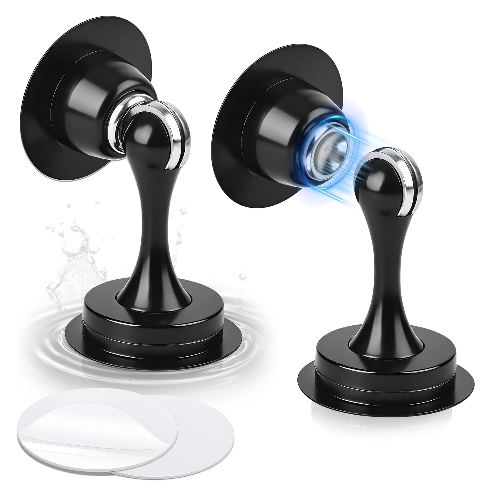 KOLAKO Door Stopper, Magnetic Door Stops, No Drill, 2 Pack Black Magnetic Door Catch Holder to Keep Door Open, Stainless Steel Wall Floor Mounted Doorstop with Adhesive Tape and Screws