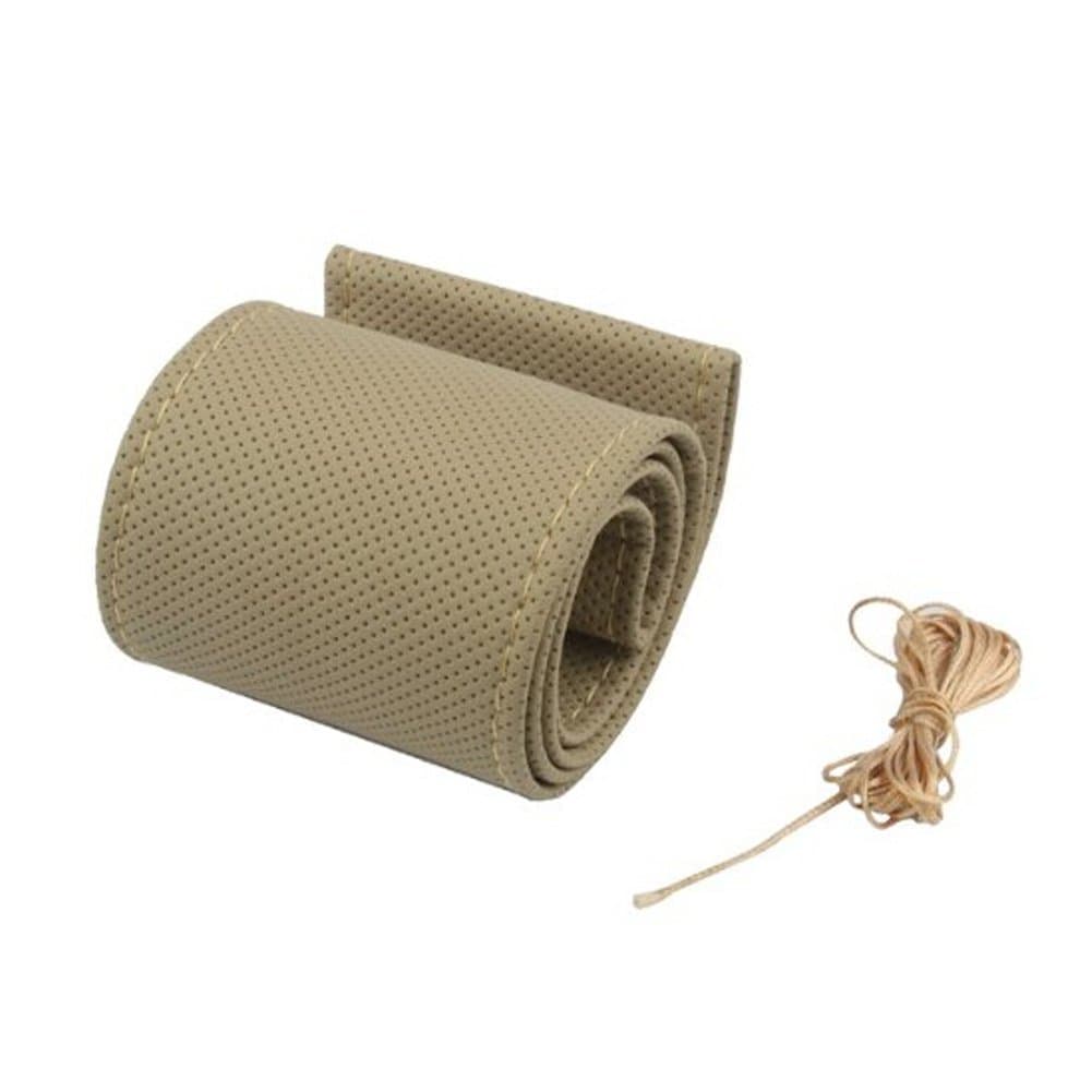 15 Inch Universal Microfiber Leather Car Steering Wheel Cover Anti-Slip Stitch on Wrap with Needle & Thread DIY Sewing Car Interior Accessory (Beige)