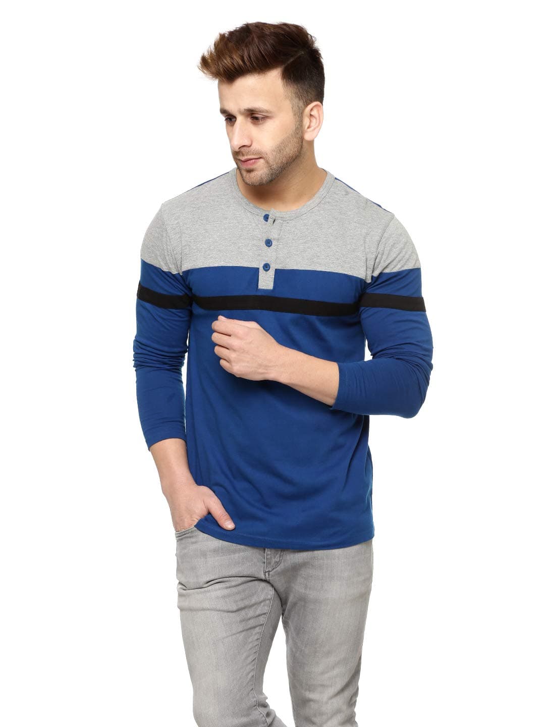 GRITSTONES Men's Cotton Grey Melange/Indigo Full Sleeves Henley T-Shirt