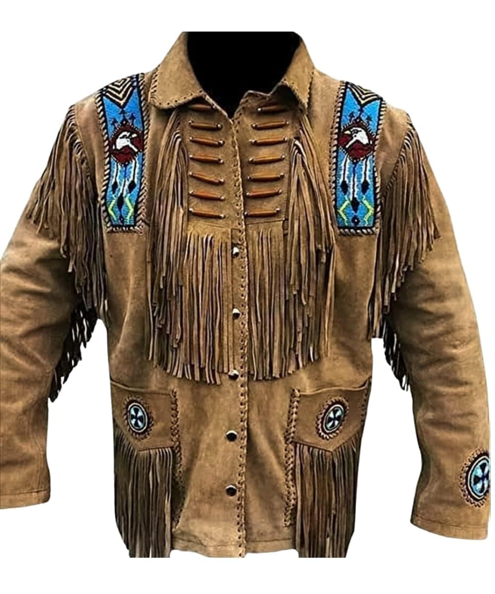 Suede Leather Jacket for Men's Western Cowboy Native American Brown Fringe Beaded Coat Outerwear