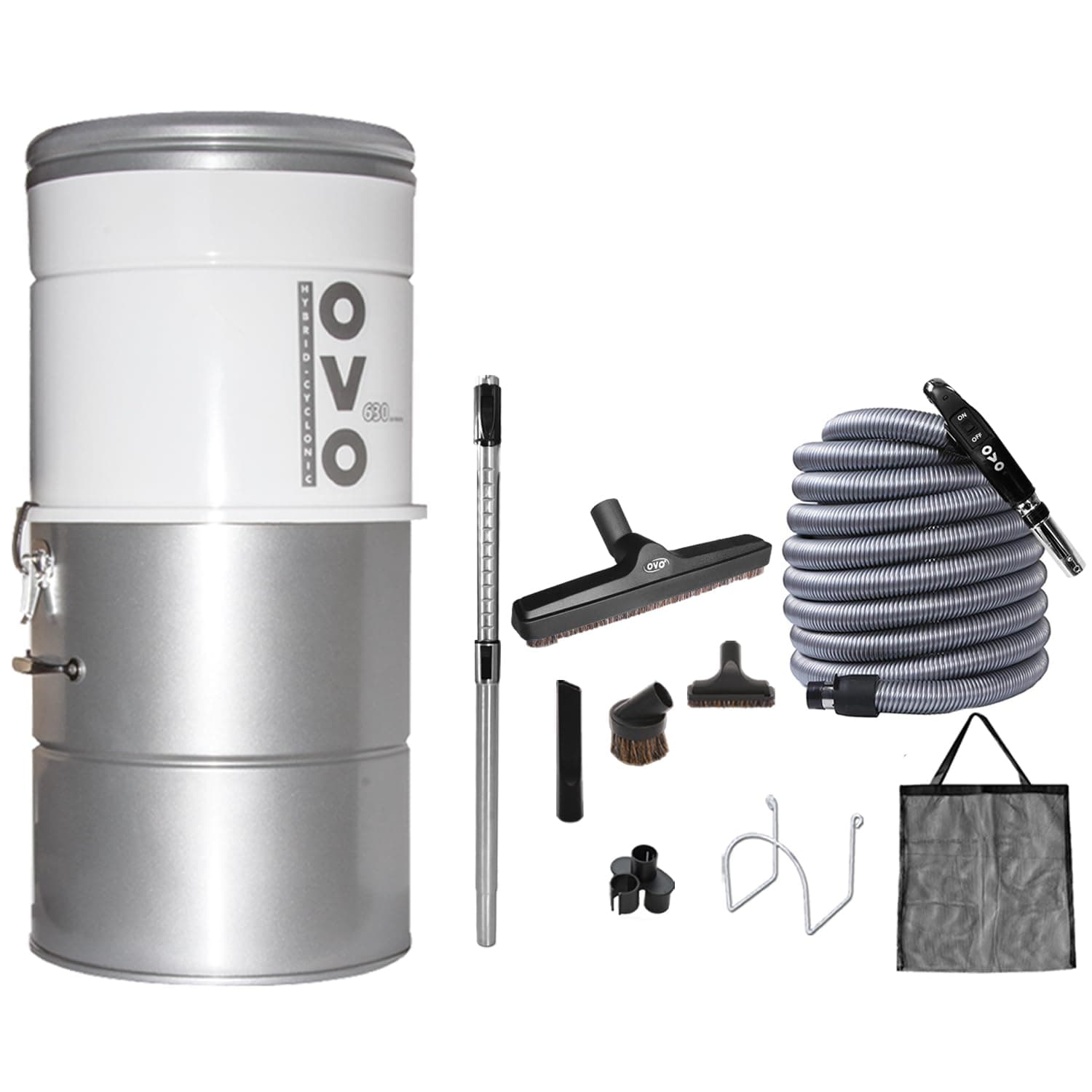 OVO Large and Powerful Central Vacuum System, Hybrid Filtration (With or Without disposable bags), 25L or 6.6 Gal, 630 Air watts with 40 ft Deluxe Accessory Kit included