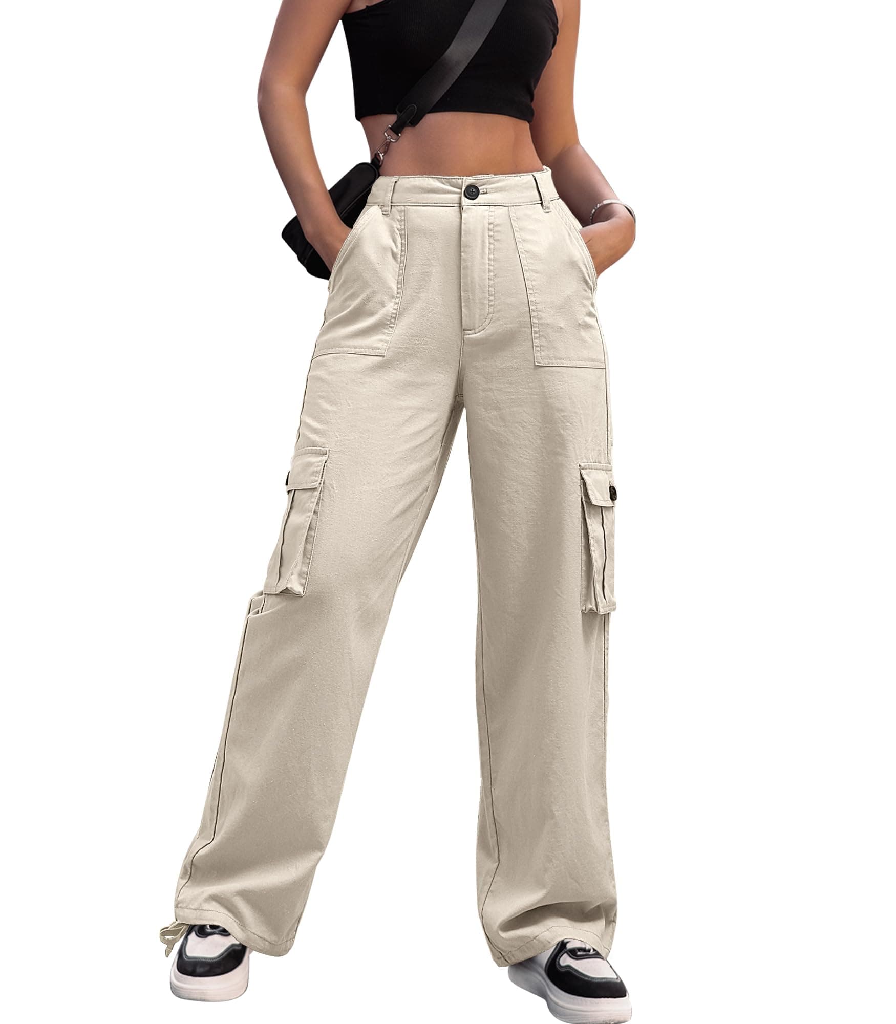 ZMPSIISA Women High Waisted Cargo Pants Wide Leg Casual Pants 6 Pockets Combat Military Trousers
