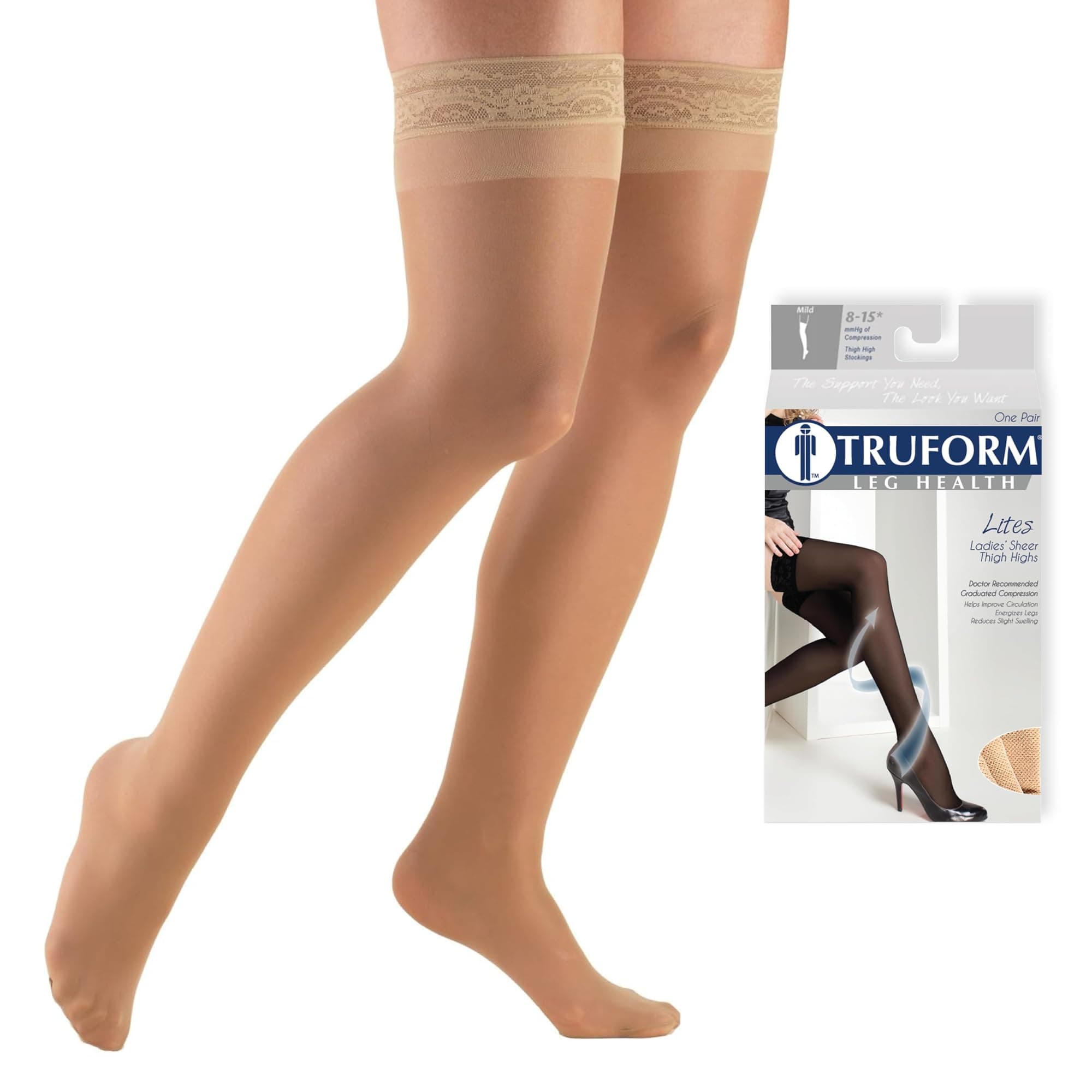 Sheer Compression Stockings, 8-15 mmHg, Women's Thigh High Length, 20 Denier, Beige, Medium