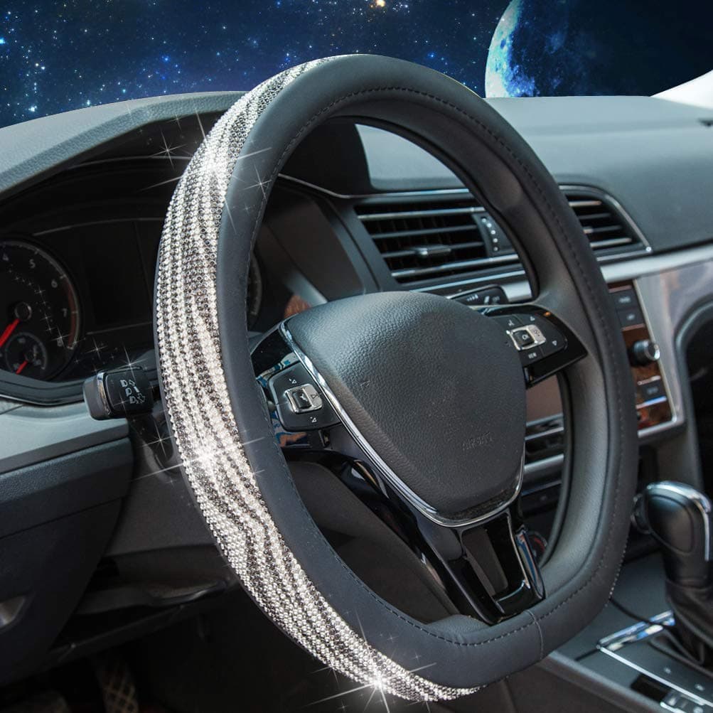 D Shaped Steering Wheel Covers, Black Sliver Bling Crystal Diamond Rhinestone Black Leather Fit Flat Bottom Steering Wheel Cover for Women 15 inch(D-mix black silver)
