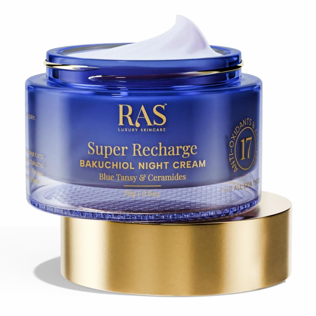 Ras Luxury Oils Super Recharge Night Cream with Bakuchiol (Natural Retinol) & Peptides| Anti-aging Formula | Hydrates & Strenghten Skin Barrier | Reduces Fine Lines & Wrinkles | Luxury Skincare | 15g