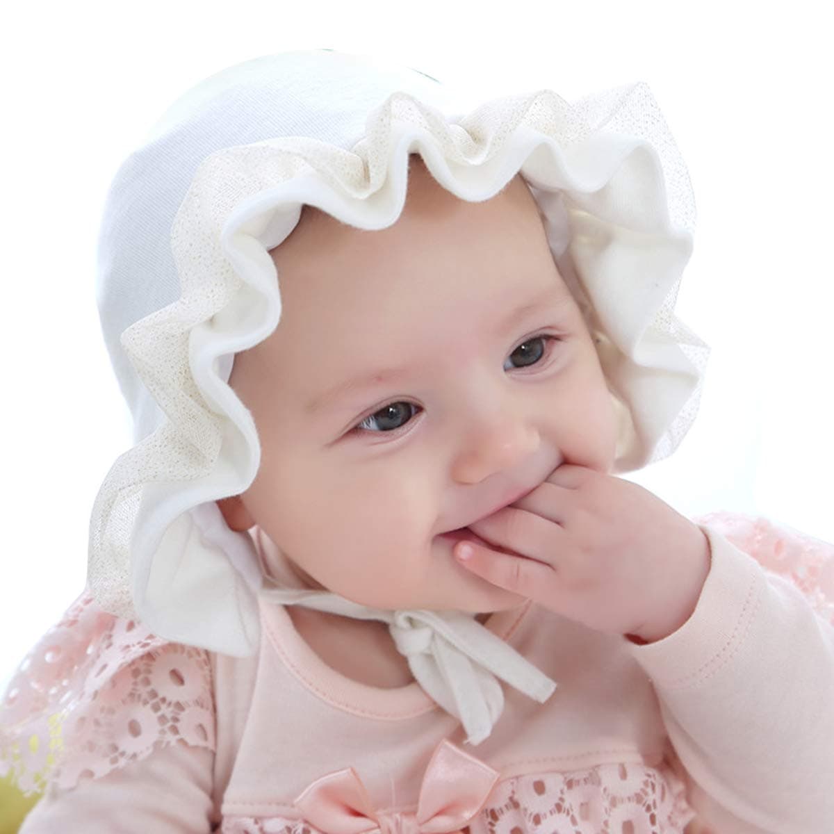 DERCLIVE Baby Girl Toddlers Breathable Lacy Bonnet Adjustable Cotton Hat Sun Protection,White/Pink