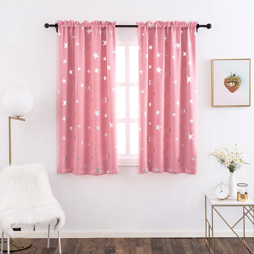 Anjee Star Curtains for Kids Room, Thermal Insulated Blackout Drapes Help Noise Reducing, 38 x 63 Inches, Baby Pink