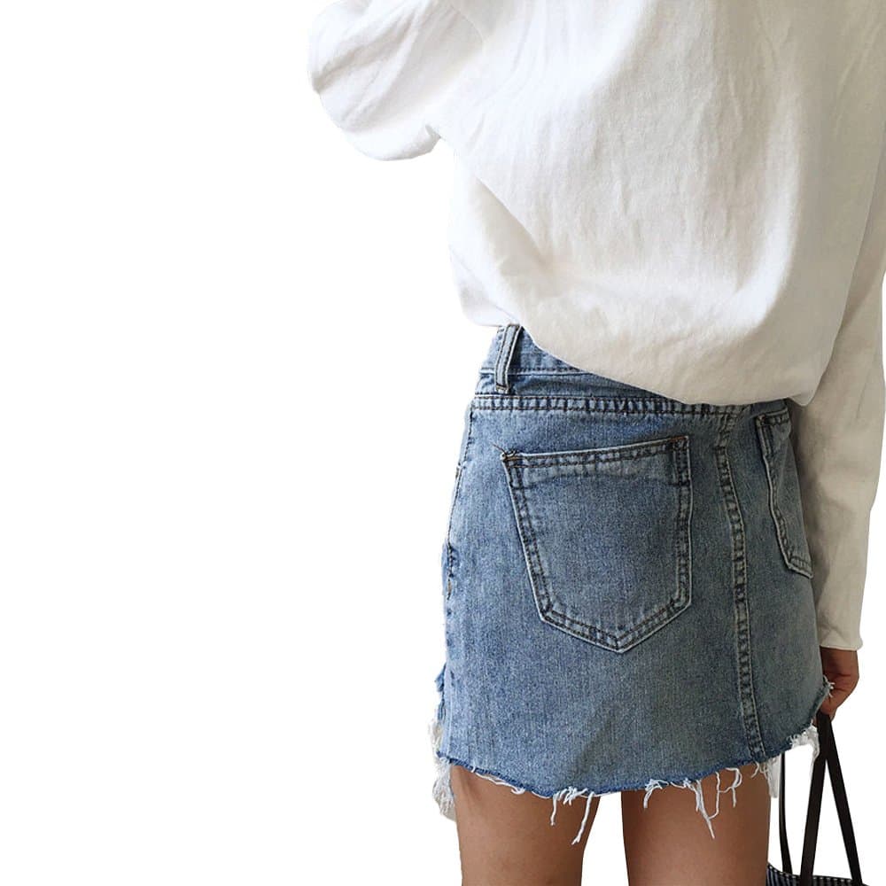 Irregular Women A-Line Ripped Denim Skirt High Waist