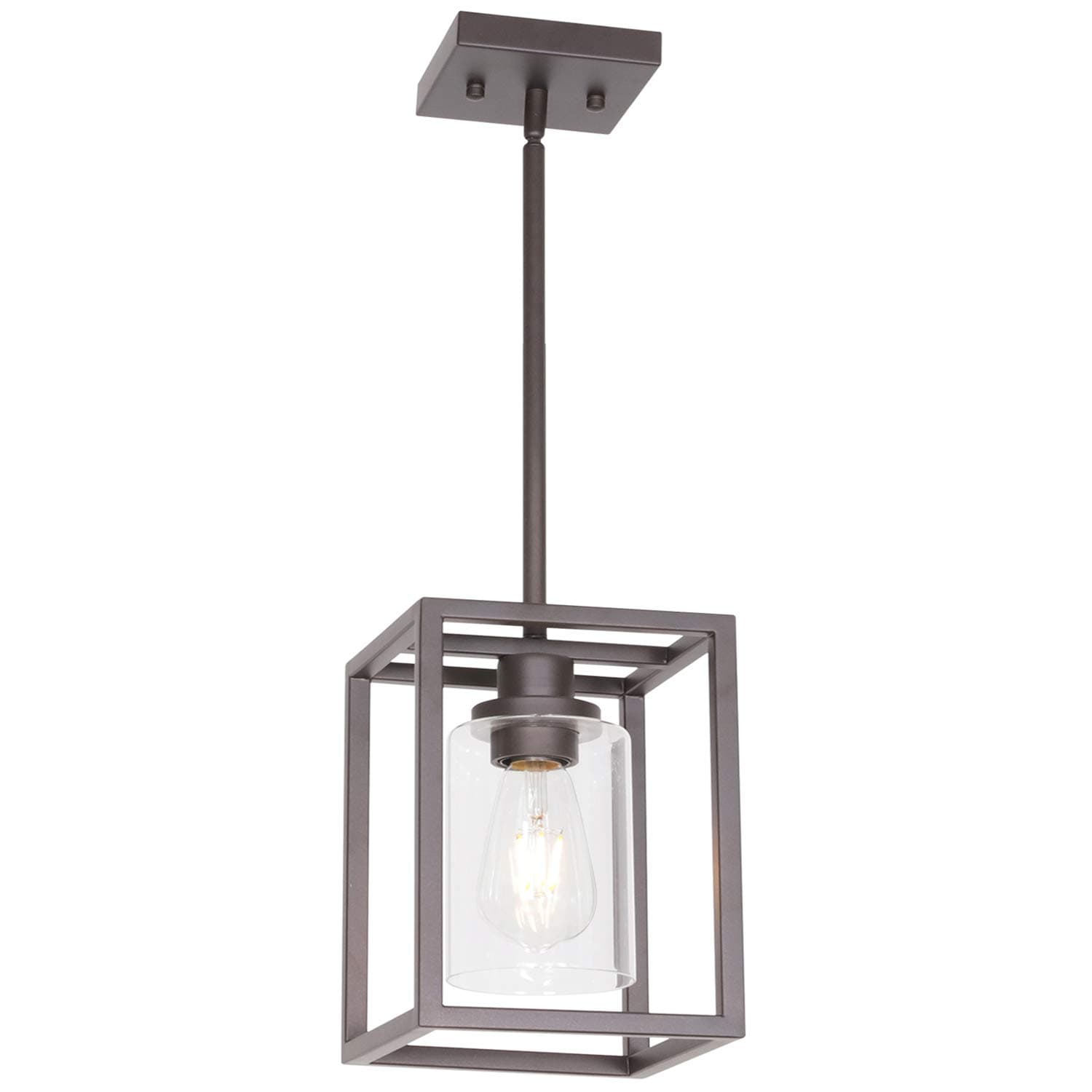 VINLUZ Single Modern Glass Pendant Light Metal Classic Oil Rubbed Bronze with Clear Glass Shade Fixture for Foyer Kitchen Entryway Dining Room