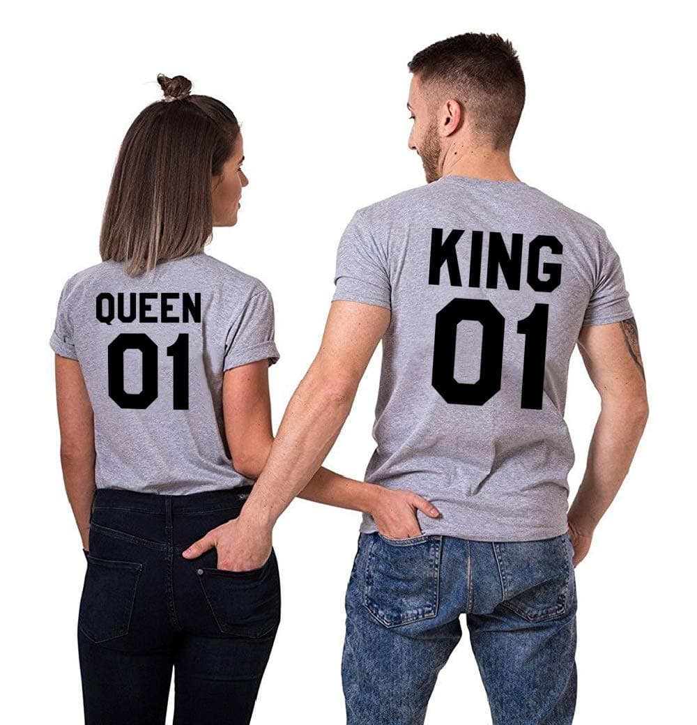T-Shirt King Queen Pair Set 2 Matching Couple Valentine Birthday Wedding