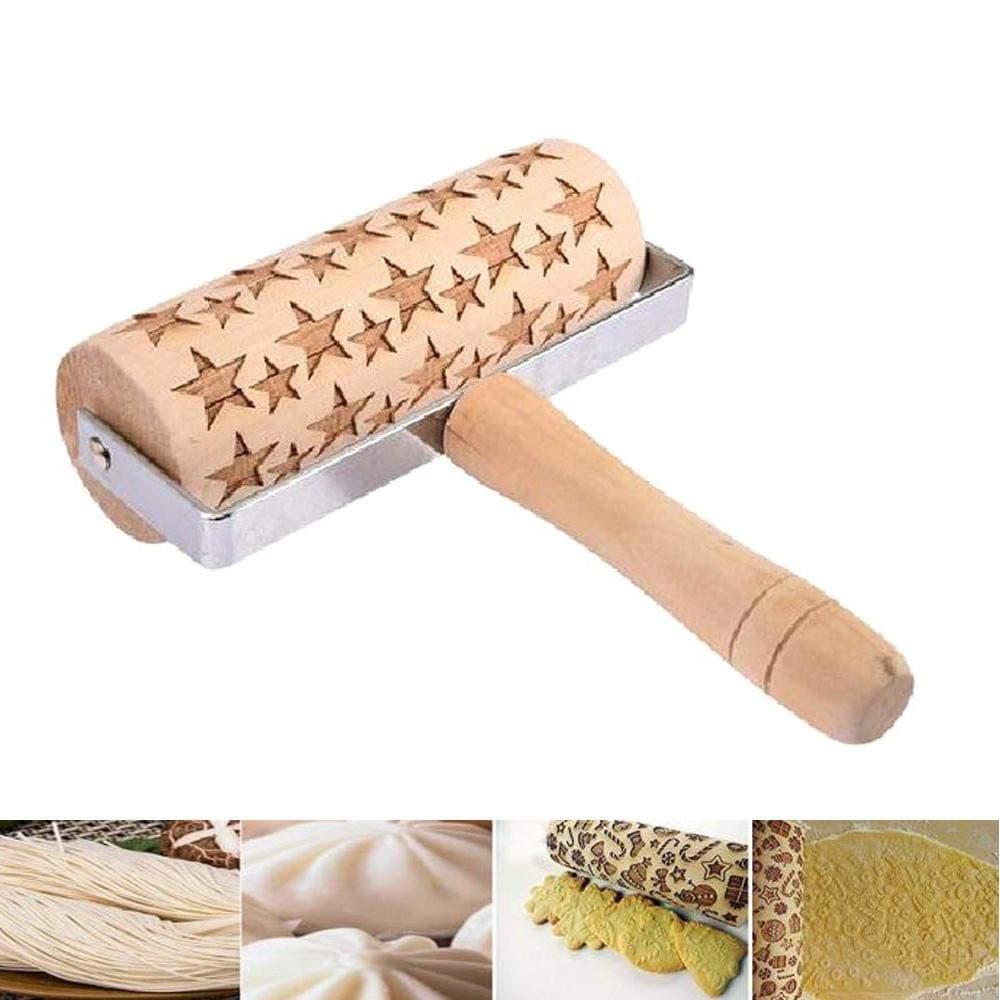 Perfuw Embossed Rolling Pins, Stars Wood Dough Roller, Natural Safe Wax Free Baking Roller, Easy Grip Handles For Christmas Hand Rolling, Dough, Pizza, Pastry, Cookie 5.5 By 7.1 Inch
