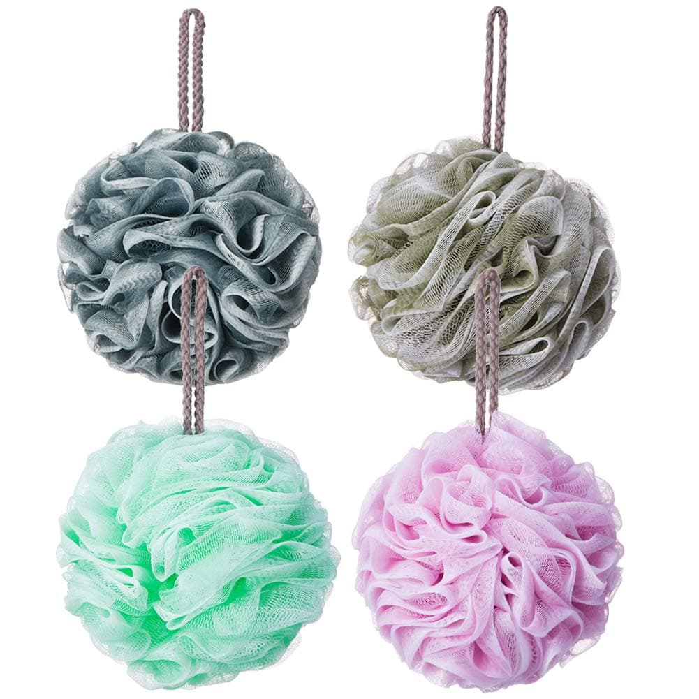 Loofah Bath Sponge Luffa Loufa Body Scrubber Mesh Pouf Shower Ball,Exfoliating Shower Sponge Pack of 4 (60g/pcs)