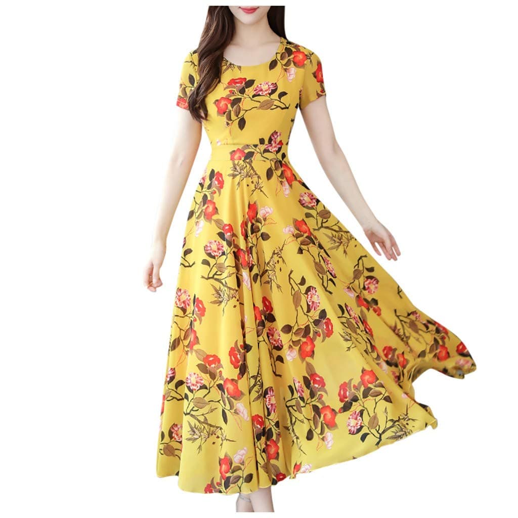 Women Dress Plus Size V Neck Flower Print Lace Up Long Sleeve Loose Boho Dress Party Maxi Dresses