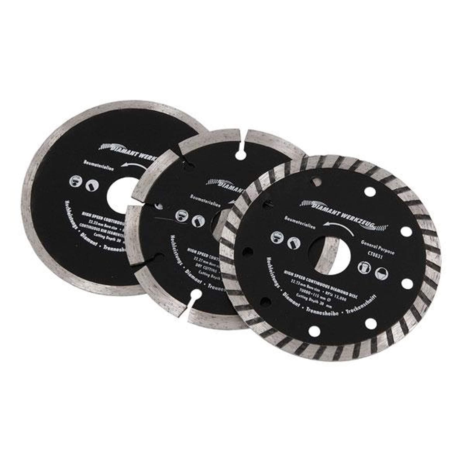 3pc Diamond Cutting Disc Blade Set 115mm Solid Segment Turbo Dry Wet