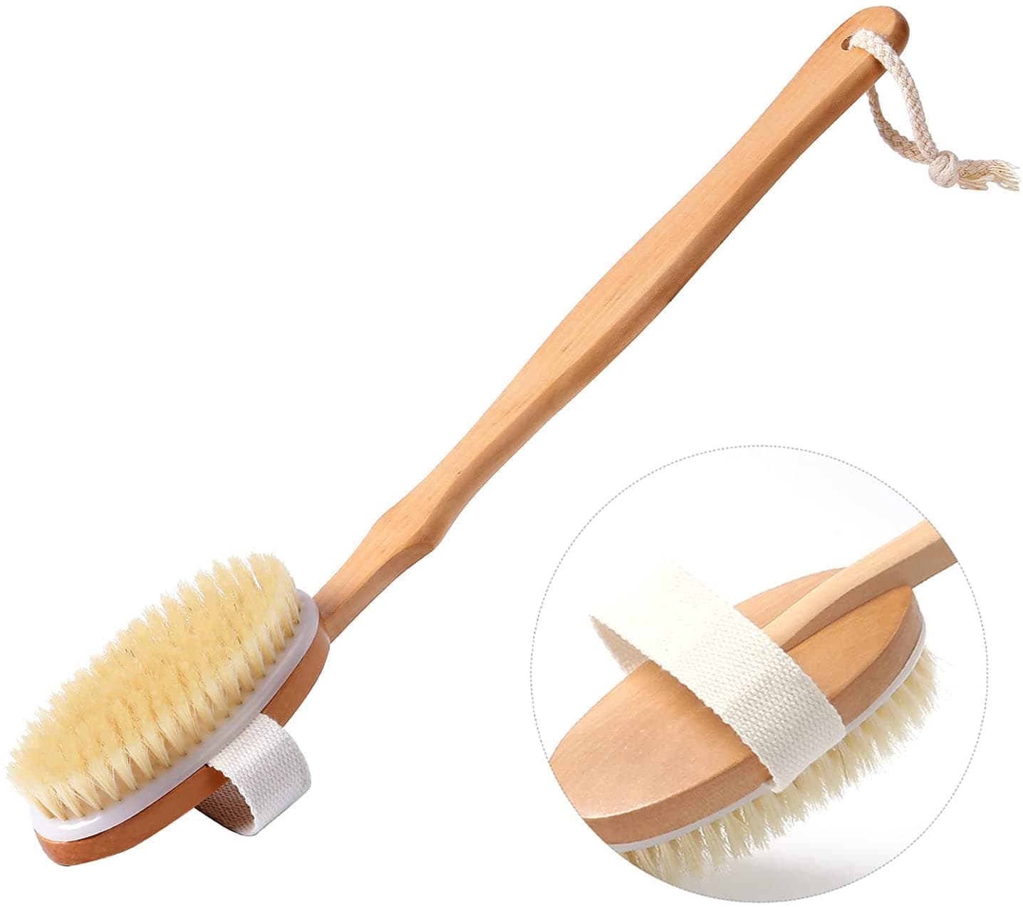 eHomeA2Z Back Scrubber for Shower-Body Shower Brush with Soft and Natural Bristle, Body Exfoliating Brush for 2-in-1 Wet & Dry Brushing, Detachable Wooden Bath Brush with Long Handle, Back Brush for Men and Women