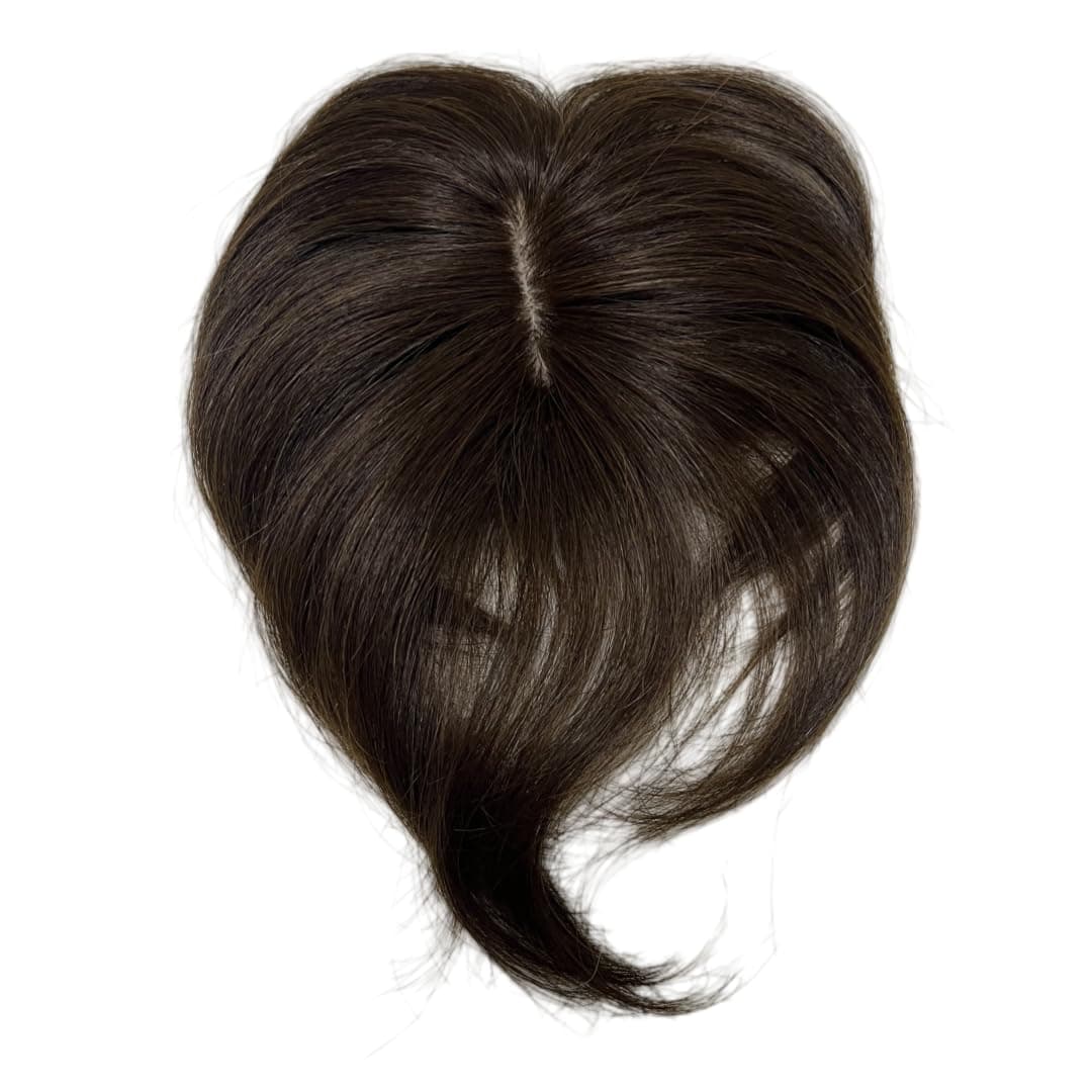 6 inch Short Middle Part Straight Real Human Hair Topper Small Thin Clip-in Hair Bangs for Mild Hair Loss Suitable for Women and Men Reddish Tone (Dark Brown)