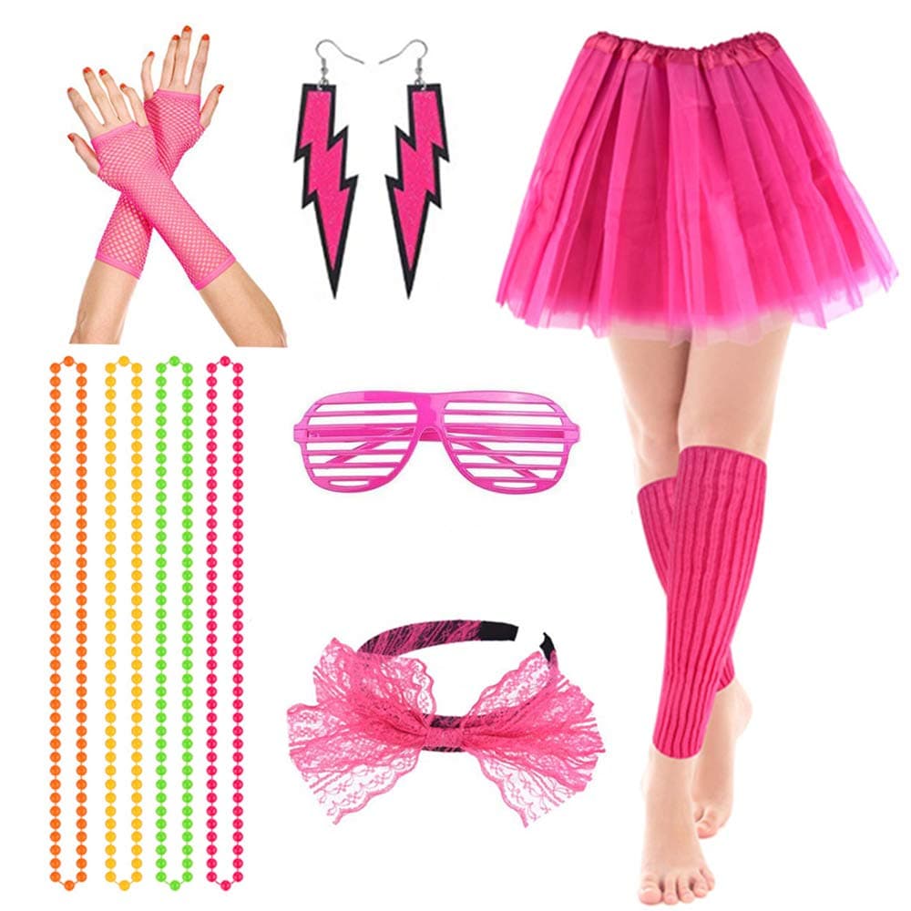 sanderala80s Costume Accessories Set Women Fancy Dress Tutu Leg Glove Necklace Headband Earring Glasses Black…