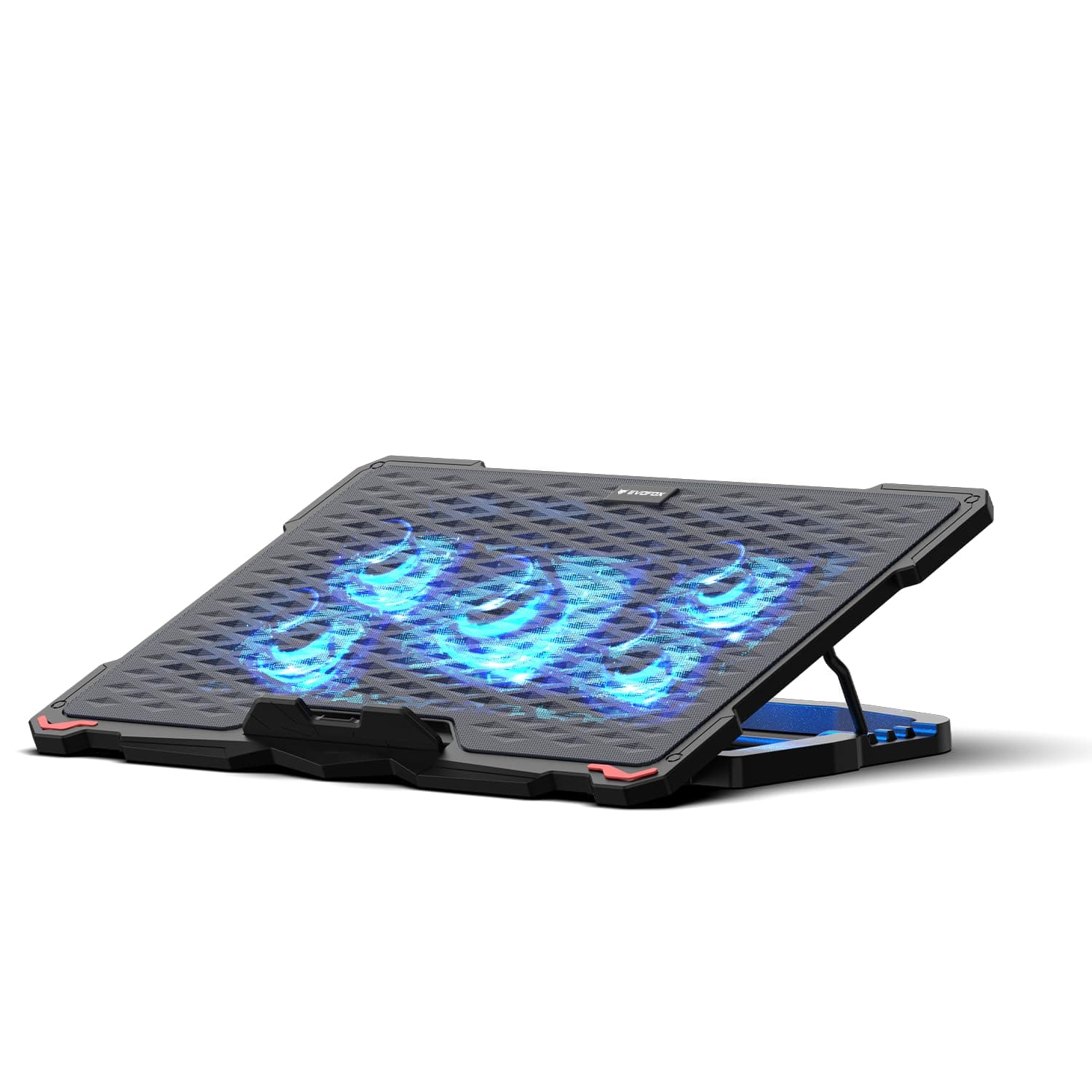 Amkette Typhoon Laptop Cooling Pad with 5 Adjustable Speed Fans, 4 Angle Stand, Hexa Mesh Metal Surface, Funky Blue LED Lights, Dual USB Ports & Braided Cable – Fits All Laptop Sizes