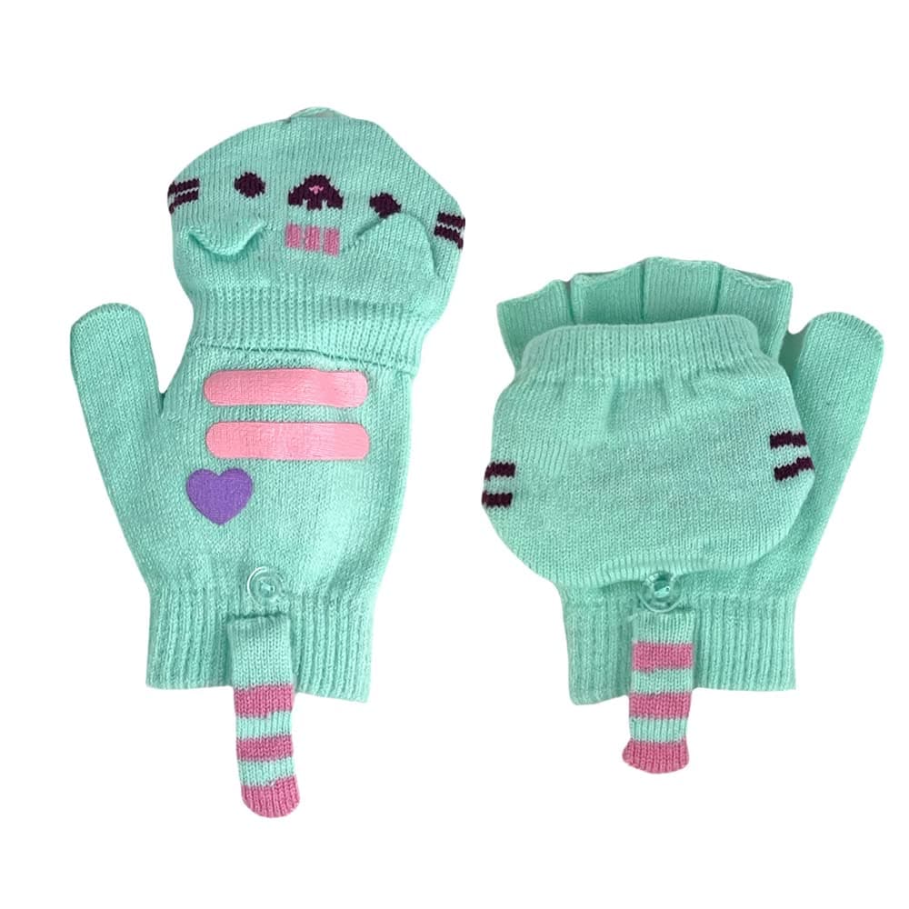 Pusheen Cat Mittens Convertible to Fingerless Gloves - Women & Teens Size, Mint Gree