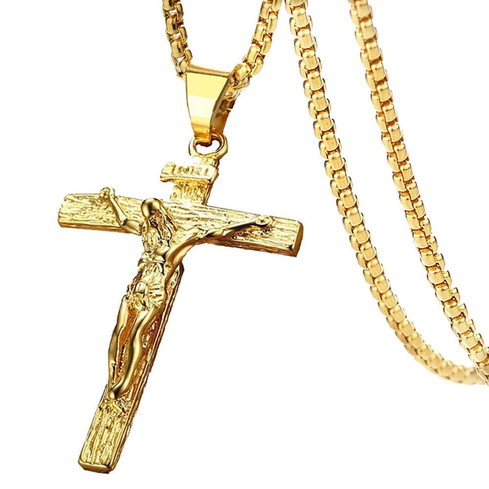 Axmerdal Stainless Steel Cross Necklace Jesus Christ Crucifix Cross Lord's Prayer Pendant for Men&Women 24 iNCH BOX CHAIN