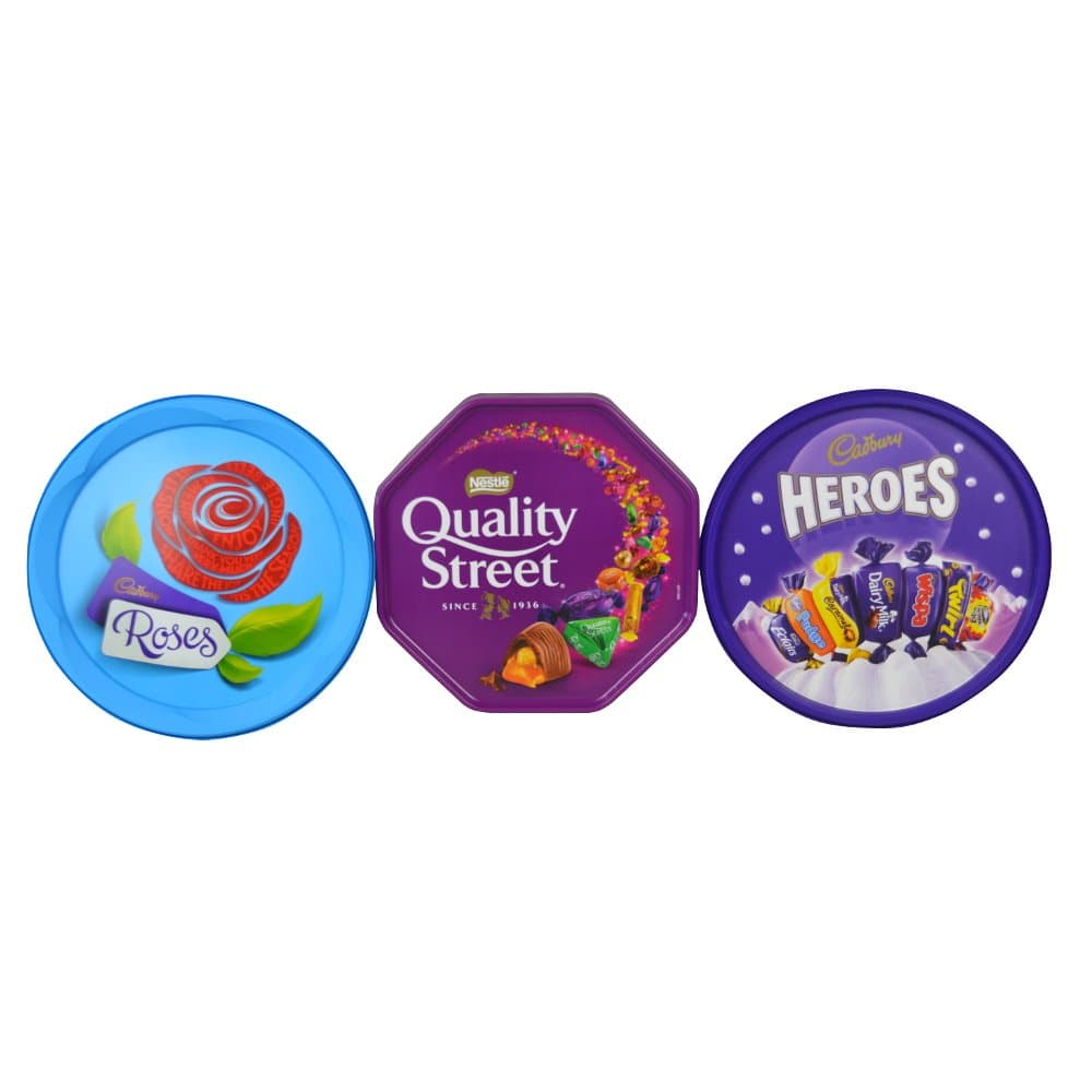 Christmas Chocolate Tubs - 3 PACK - Roses, Heroes, and Quality Street