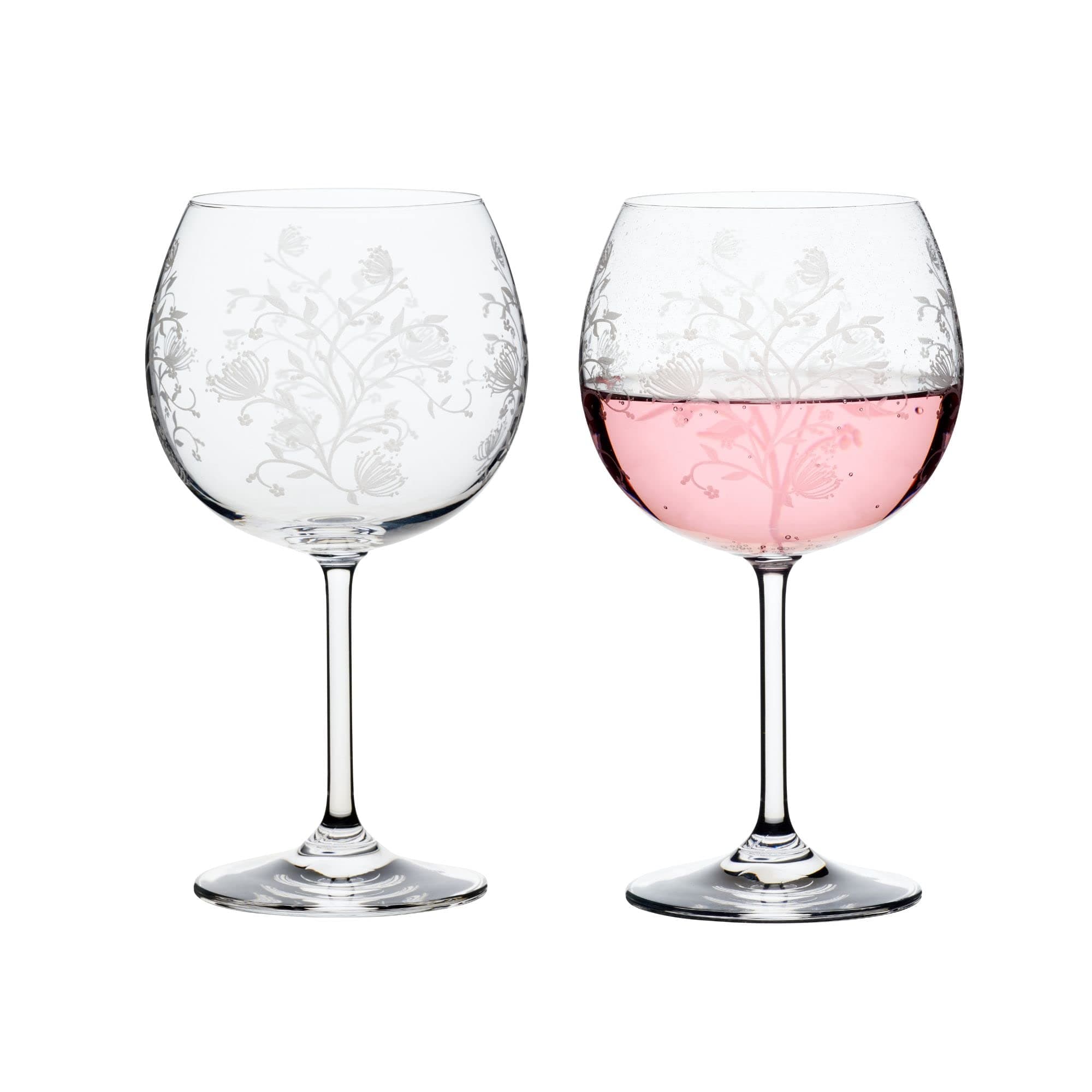 Muldale Floral Crystal Gin Glasses Set of 2 - Eleanor Design Etched Crystal Gin Goblets for Gin Lovers - 16oz Sangria Aperol Spritz Bowl Large Capacity - Premium Crystal Made In Europe