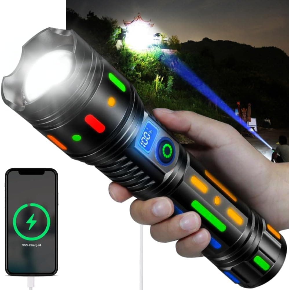 smars High Powered Handheld Flashlight, Rechargeable LED Torch with a Long-Range Reach, Colorful Fluorescent Strips Body, Mechanically Zoomable, for Hunting, Searching, Fishing, Exploring.