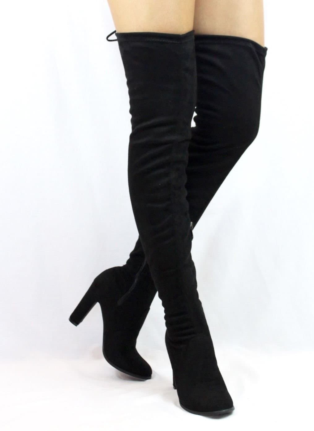 CherryMad Kylie-1 Black Over The Knee Chunky Heel Thigh High Round Toe Boots