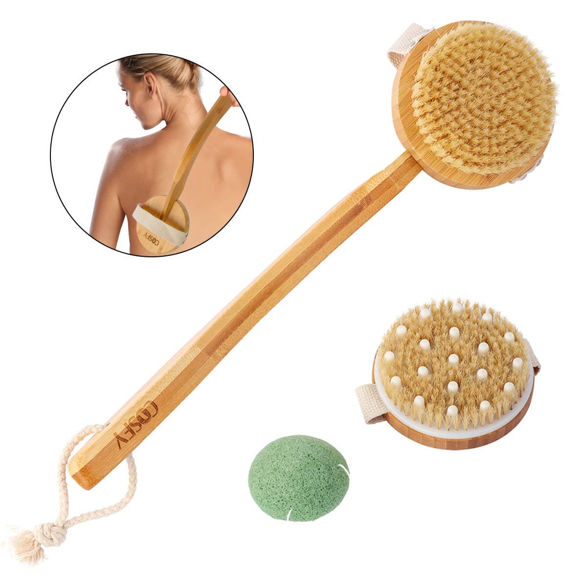 Dry Skin Body Brush, Natural Exfoliating Brush Set for Dry Brushing, Removes Dead Skin & Toxins, Help Lymphatic Drainage and Cellulite Massage Treatment, Konjac Sponge Include