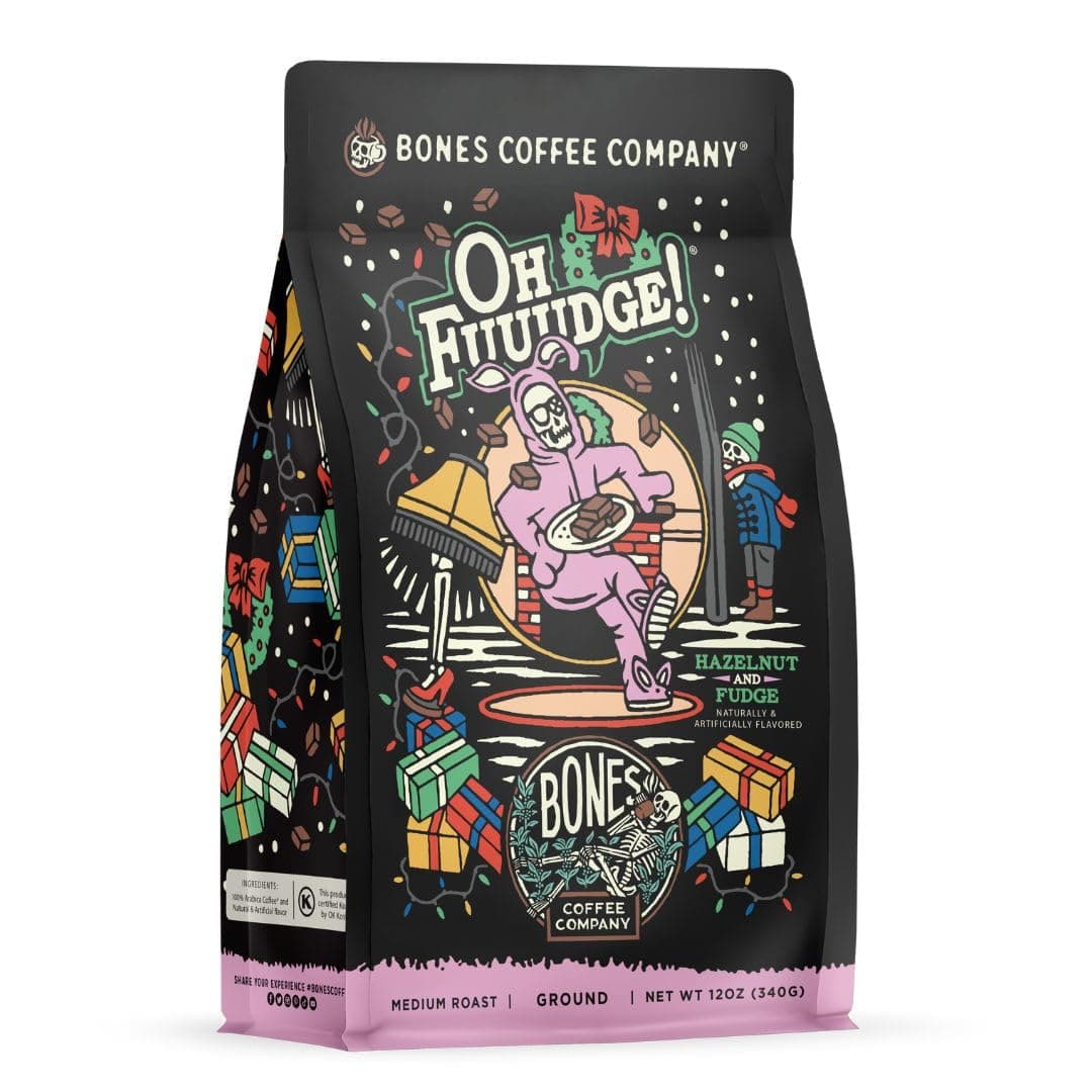 Bones Coffee Company Oh Fuudge! Flavored Coffee Beans, Medium Roast Ground Coffee Low Acid, Hazelnut & Fudge Flavor (12 oz)