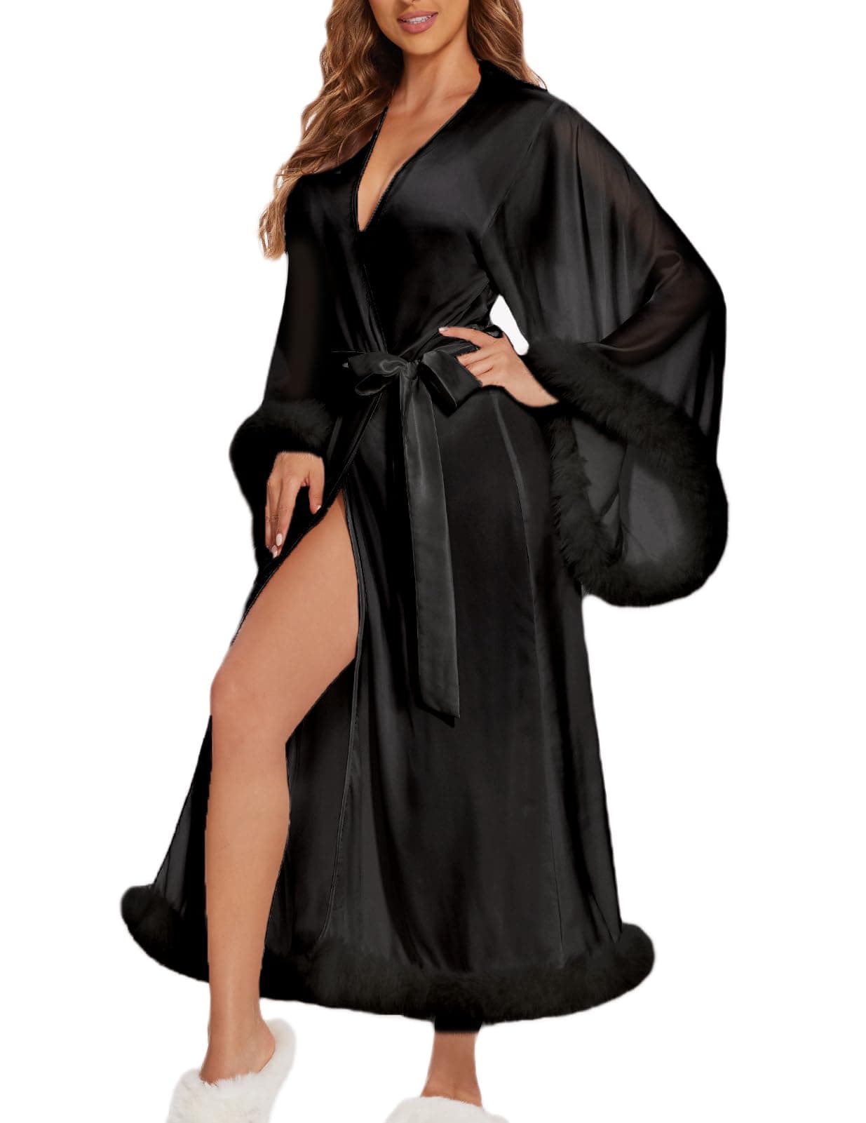 Women Sexy Feathers Collar Perspective Sheer Long Lingerie Robe Nightgown Bathrobe Pajamas Sleepwear