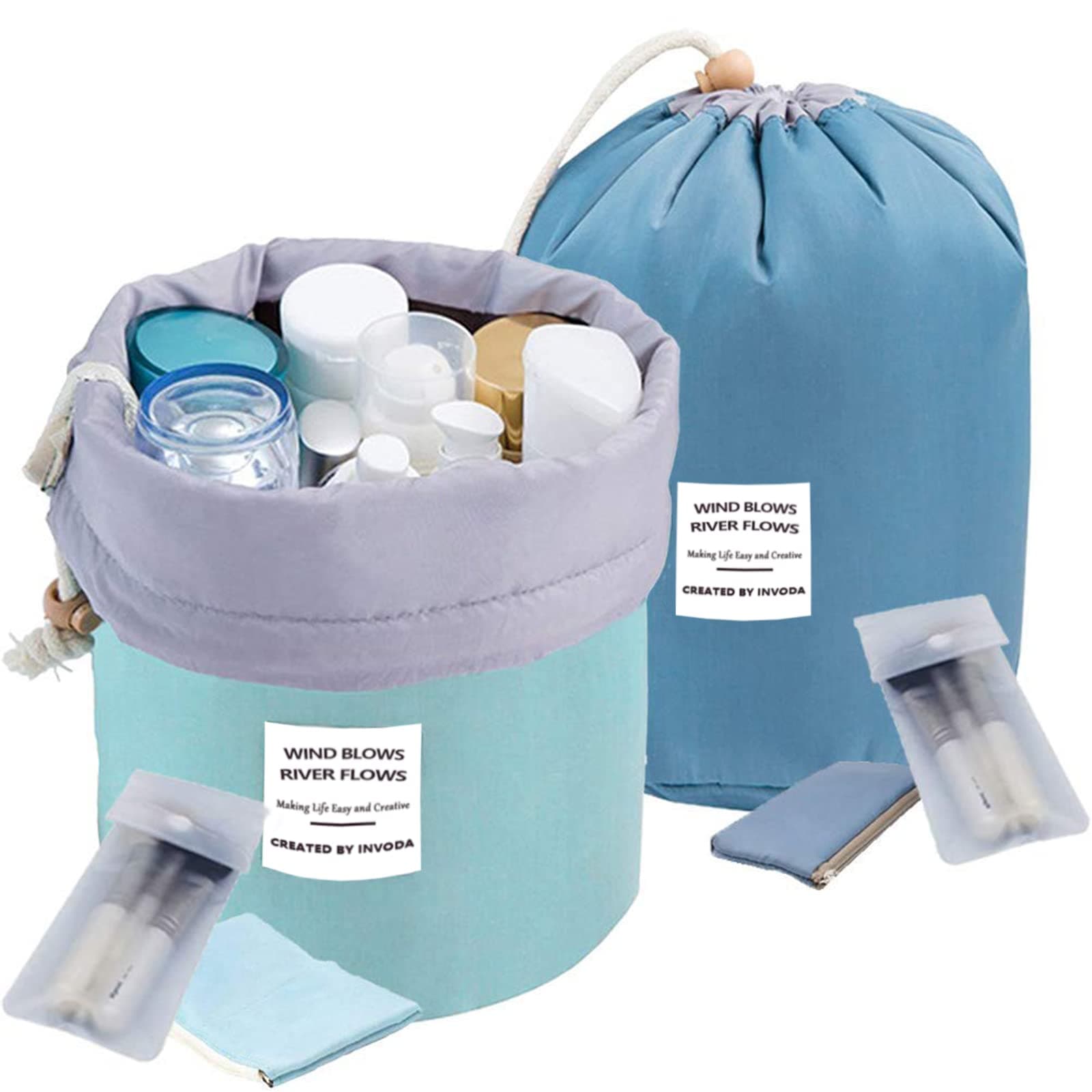 INVODA Drawstring Cosmetic Bag 2PCS Travel Makeup Bag for Women Toiletry Bag Portable Drawstring Make up Organizer Bag for Travel (Green+Blue)