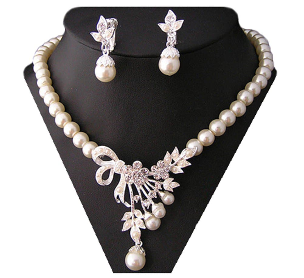 Miya® mega glamour jewellery set, pearl necklace and earrings with super beautiful flowers, bridal jewellery, wedding, evening event, party, youth dedication, pearl crystal jewellery set.