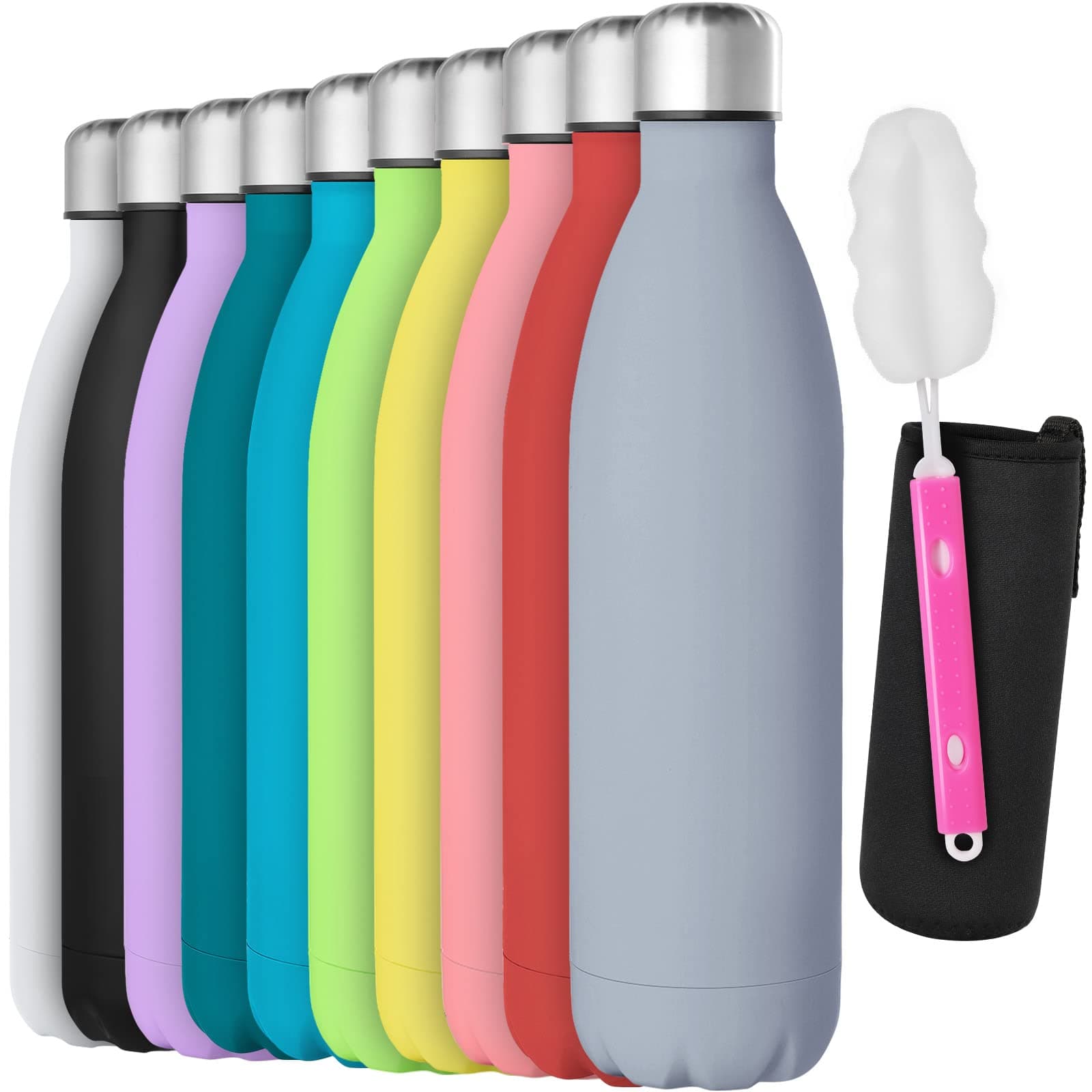 GeeRic 750 ml Stainless Steel Water Bottle, Thermos Bottle, Double-Walled Thermos Flask, 750 ml, Leak-Proof, BPA-Free, Rust-Free, Insulated Bottle, Keeps Cold, with Cup Brush, Cup Protection