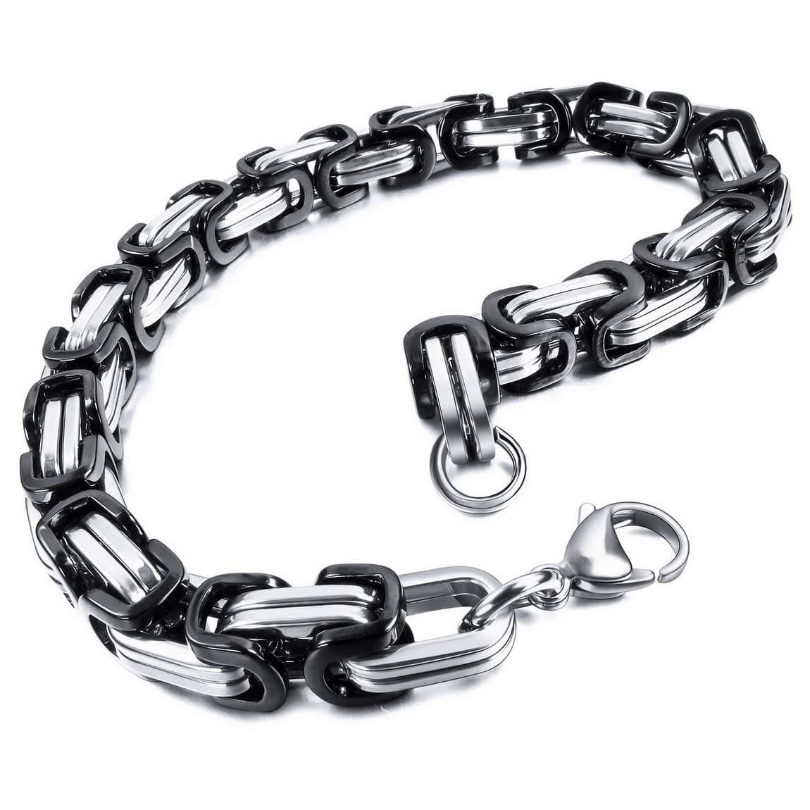 8mm Wide 316L Stainless Steel Bracelet Byzantine Link Chain Bracelet for Men Women Water Resistance (5 Colors - Silver Black Gold Silver and Silver and Gold, 4 Lengths - 7.5" 8" 8.5" 9")
