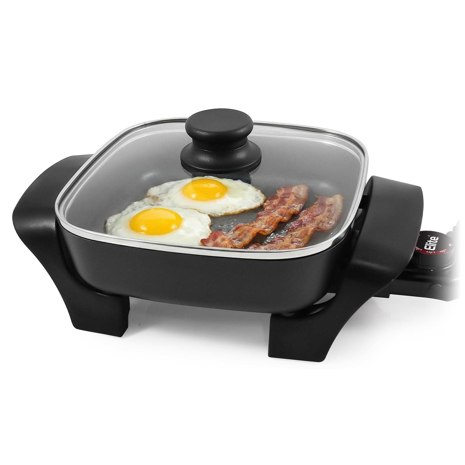 Elite Gourmet EG808 Electric Skillet 8"x8" Non-Stick Coating, Tempered Glass Lid, Removable Thermostat 200°F–400°F, Dishwasher Safe, 600W Compact 2.5-Qt Capacity for Eggs, Bacon & One-Pot Meals, Black