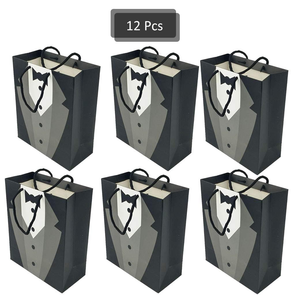 12PCS Groomsmen Gift Bags, PartyBloom 9"x7.5"x3.5" Party Favor Bags Black Kith Tie Shirt Patterraft Paper Bags wn for Wedding Birthday Party Groomsmen Tuxedo Anniversary Shopping Gift Bags