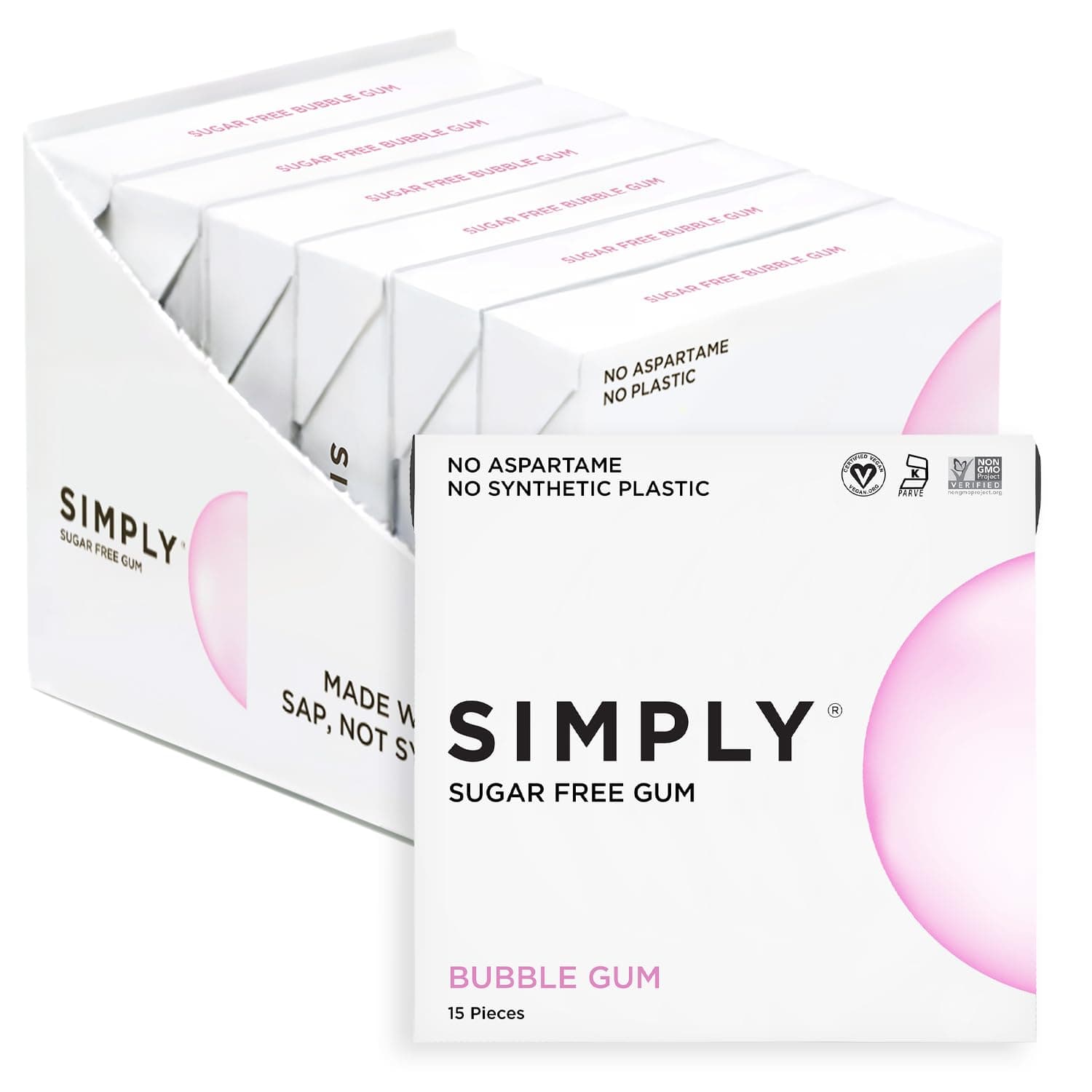 - SIMPLY Gum | Dental Gum | Sugar Free Xylitol Chewing Gum | Bubblegum | Pack of Six (90 Pieces Total) | Synthetic Plastic Free + Sugar Free + Aspartame Free