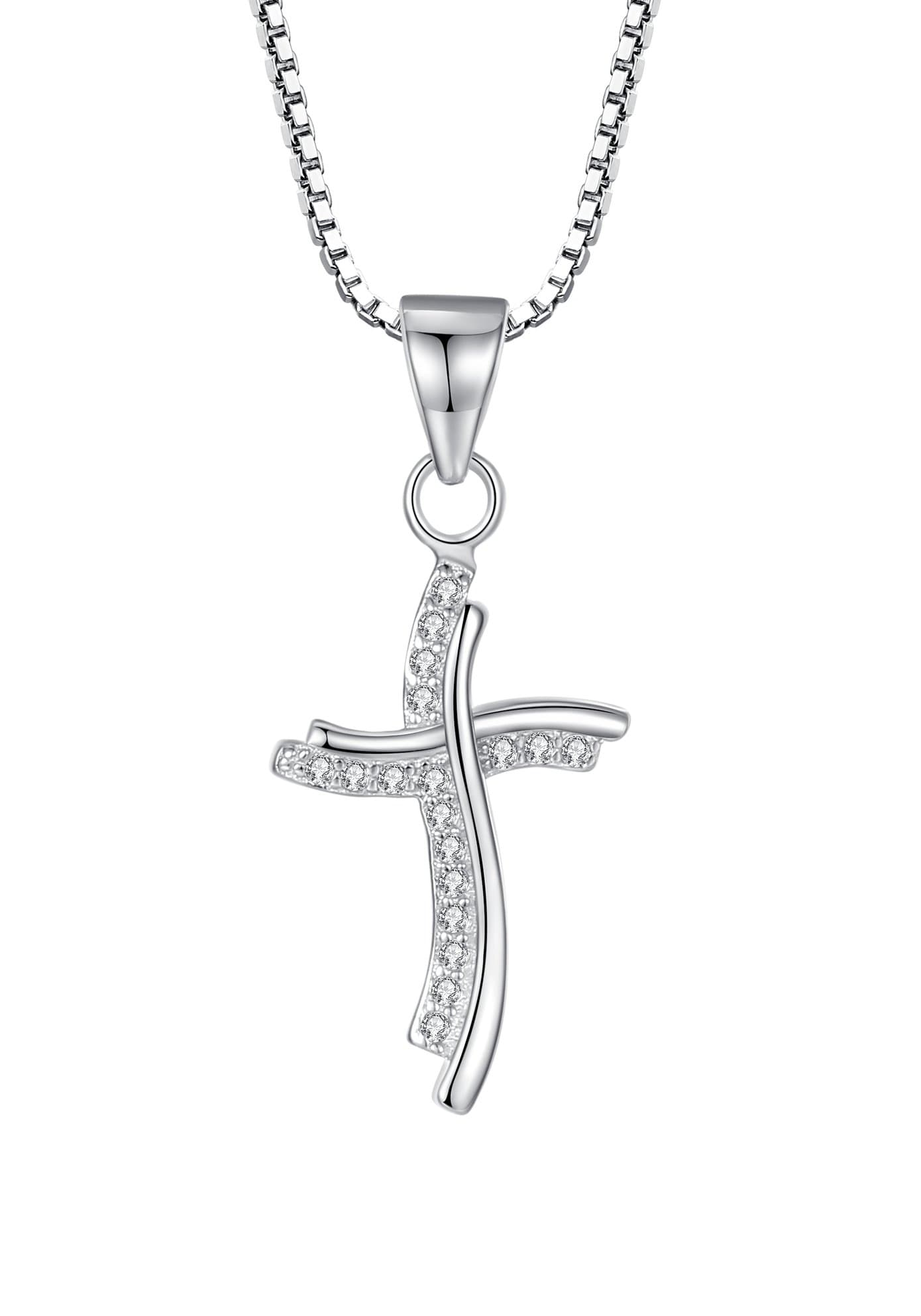 Sterling Silver Small Cross with Cubic Zirconia Pendant Necklace for Women and Girls, 46cm Box Chain - sy062n1