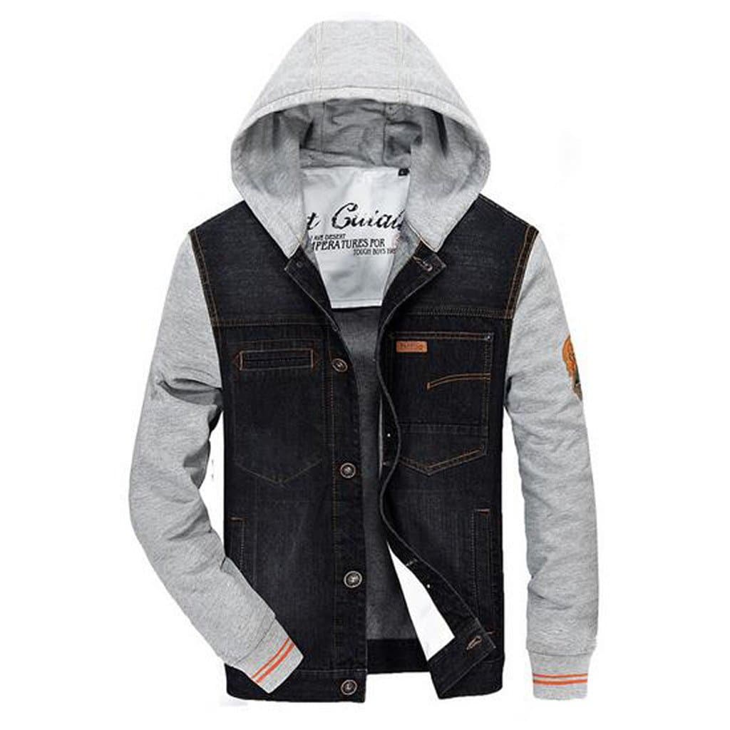 GXGSX Men's Fashion Simple Stitching Jacket Hooded Denim Jacket