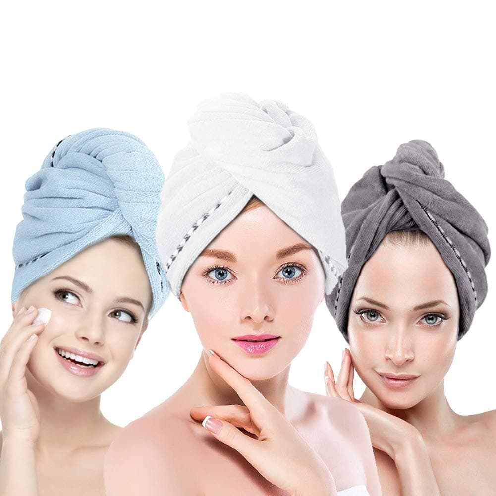 Hair Towel Wrap Turban Microfiber Hair Drying Towels, Quick Magic Hair Dry Hat Cap Twist Head Towel with Button, Quick Dry Super Absorbent for Long & Curly Hair, Anti-Frizz [3 Pack] by UQXY