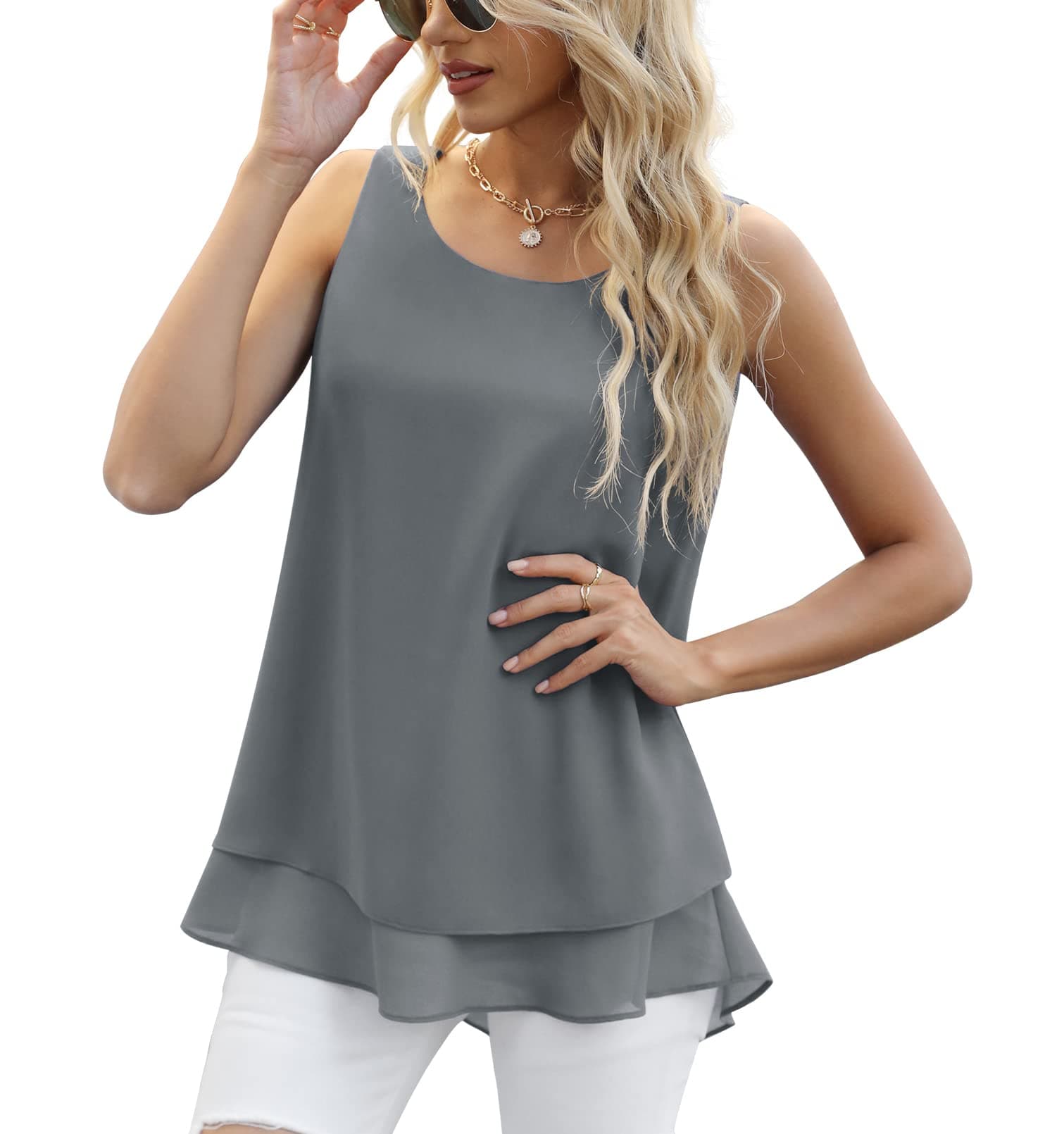 Women's Sleeveless Chiffon Tank Top Double Layers Casual Blouse Tunic